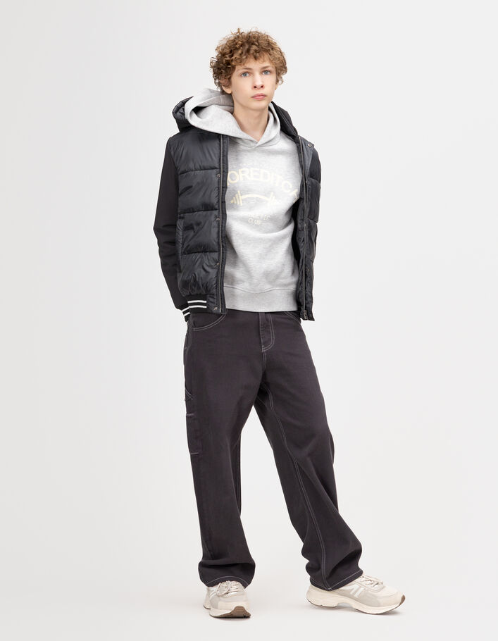 Doudoune noire bi-mati&egrave;re &agrave; capuche gar&ccedil;on