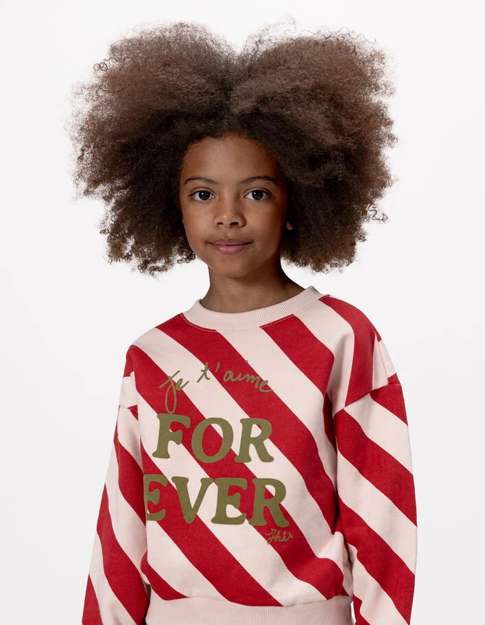 Sweat rayures rouge et rose &agrave; message fille