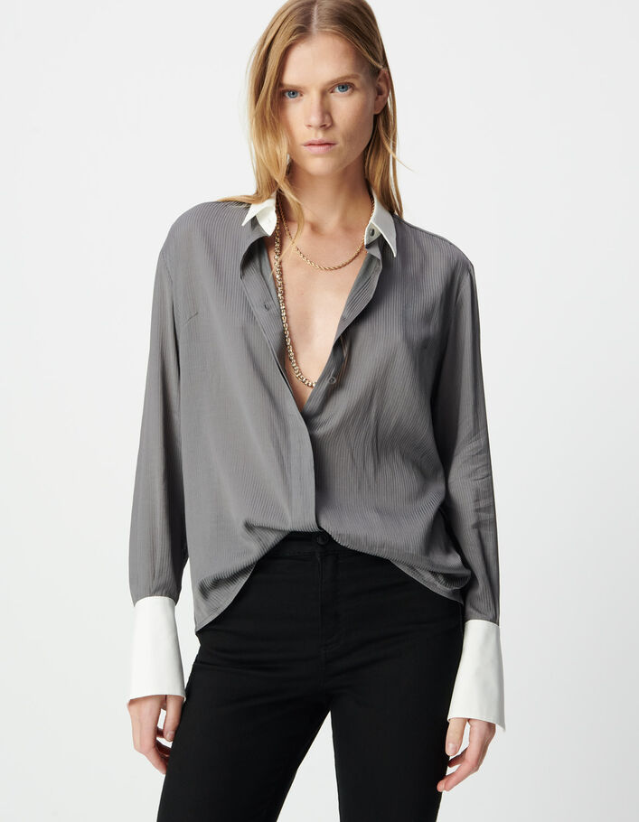 Chemise grise rayures col et poignets blancs Femme