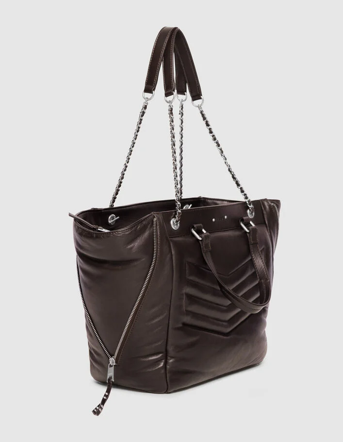 Cabas 1440 marron cuir matelass&eacute; zips c&ocirc;t&eacute;s Taille L Femme