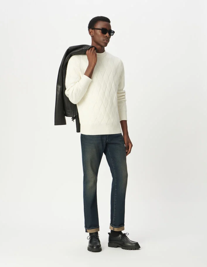 Pull laine m&eacute;lang&eacute;e blanc tricot effet tressage Homme