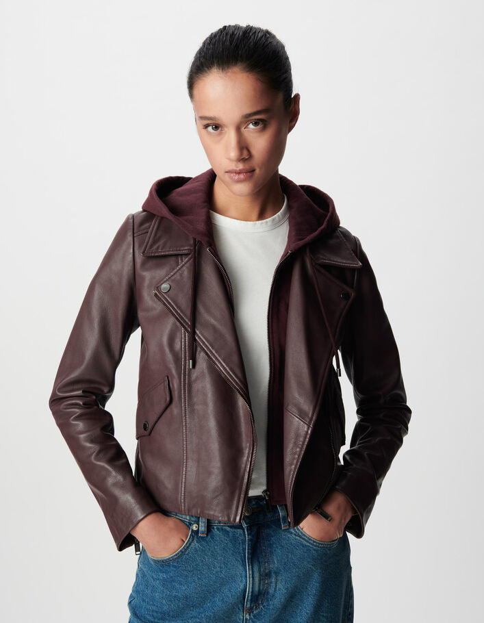 Veste cuir bordeaux esprit motard capuche amovible Femme