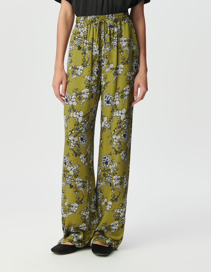 Pantalon large vert imprim&eacute; floral Femme