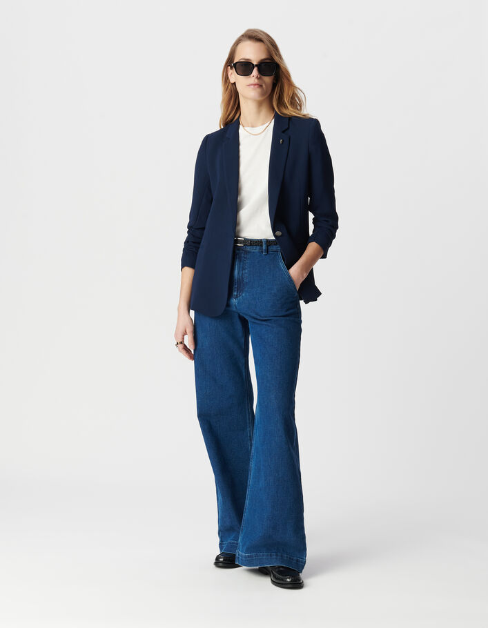 Veste de tailleur marine manches 3/4 fronc&eacute;es Femme