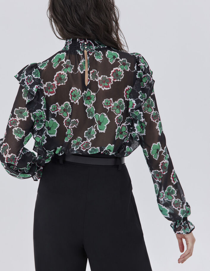 Blouse noire imprim&eacute; maxi floral &agrave; volants Femme
