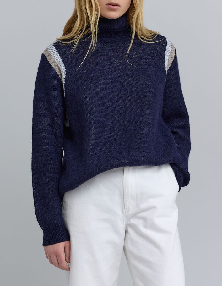 Pull marine tricot jacquard rayures plac&eacute;es Femme