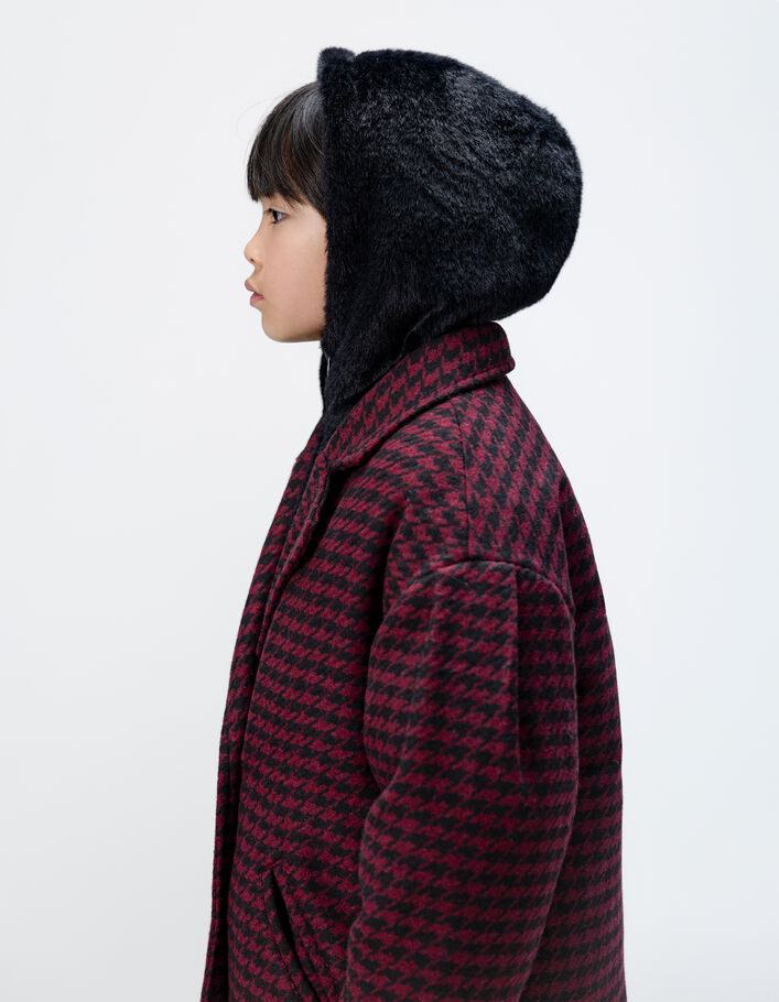 Manteau &agrave; carreaux noir parementure &agrave; capuche fille