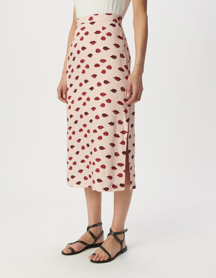 Jupe midi rose satin&eacute; imprim&eacute; bouches Femme