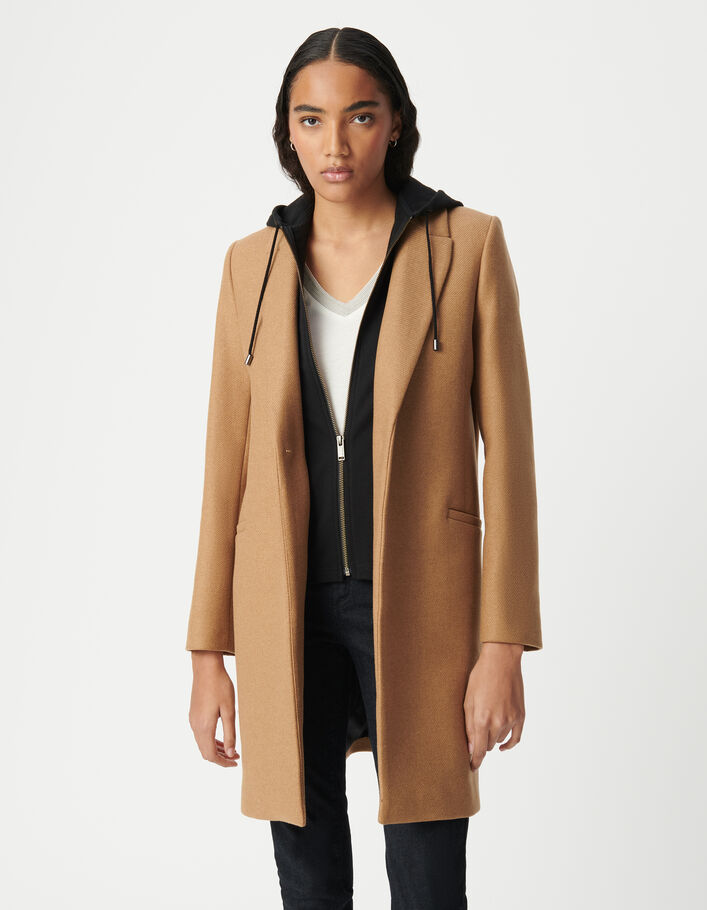 Manteau mi-long camel capuche amovible Femme