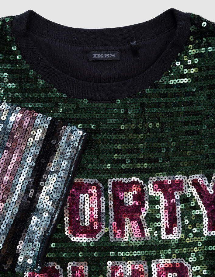 T-shirt vert &agrave; message brod&eacute; sequins fille