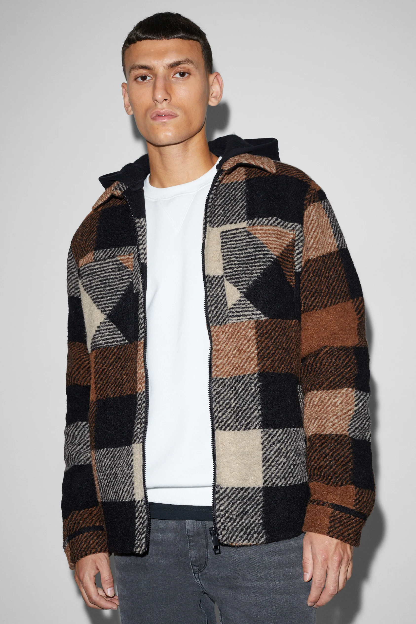 Shirt jacket with hood - check