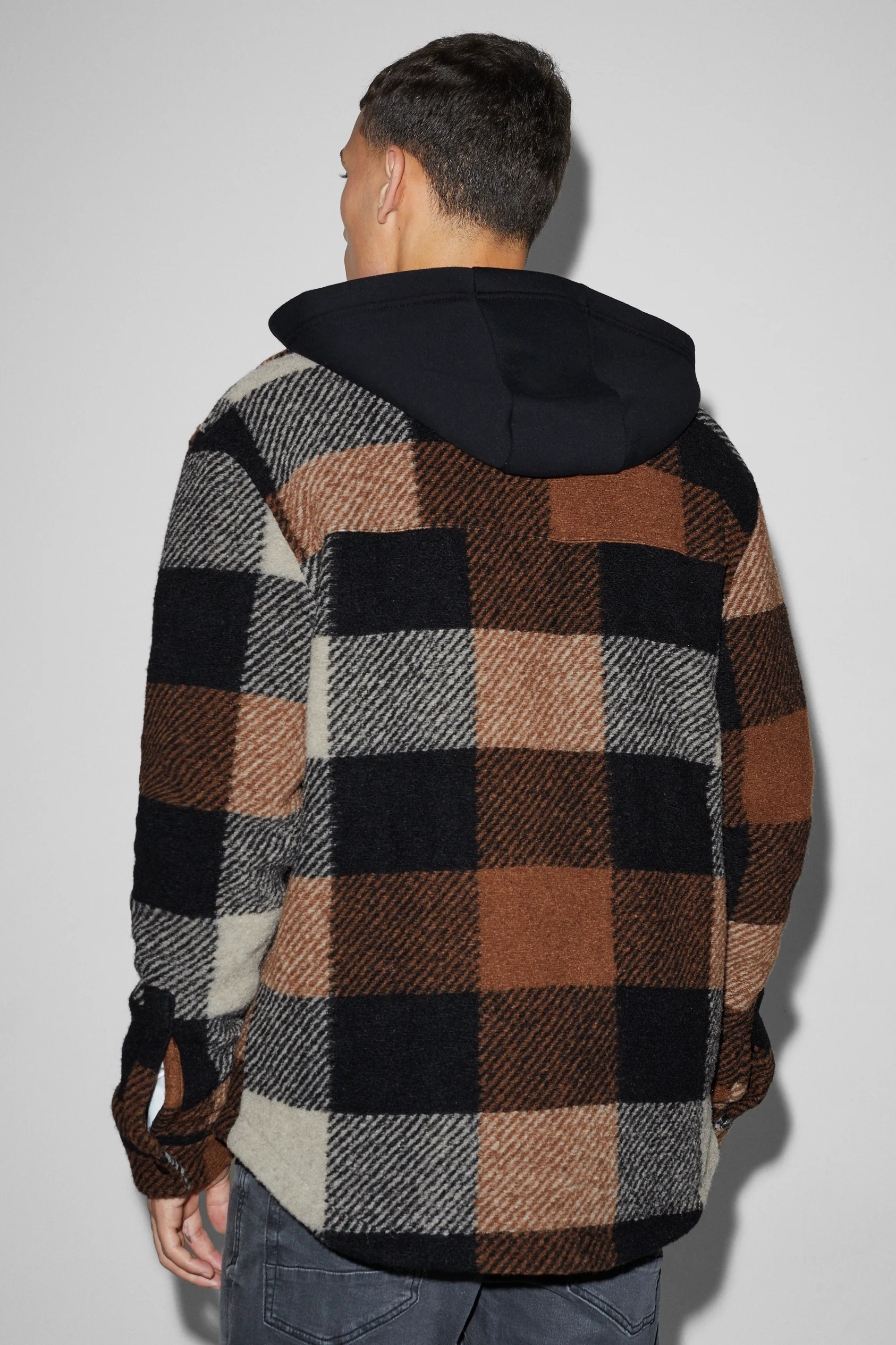 Shirt jacket with hood - check