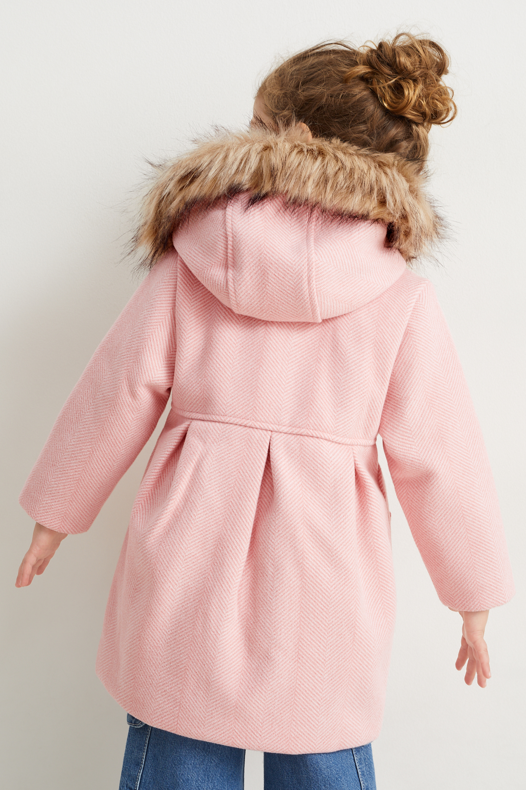 Coat with hood and faux fur trim