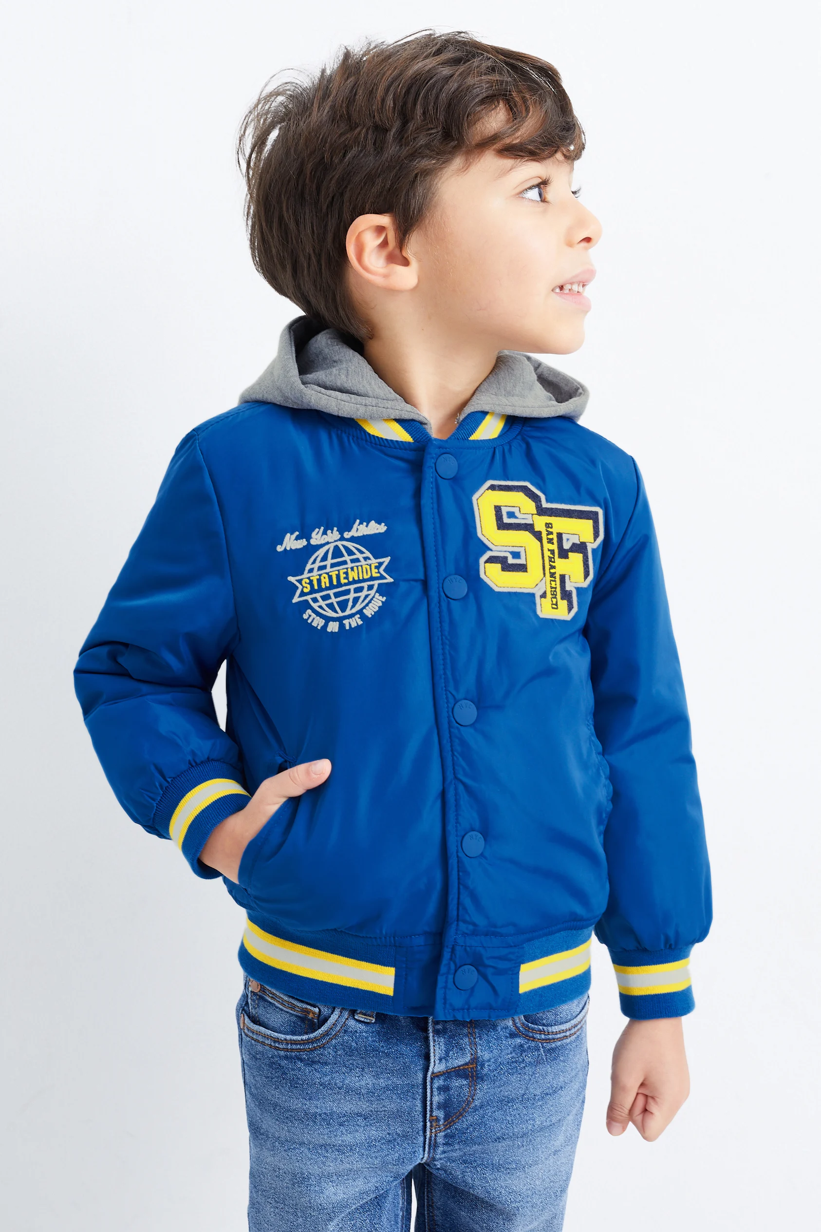 Varsity jacket with hood
