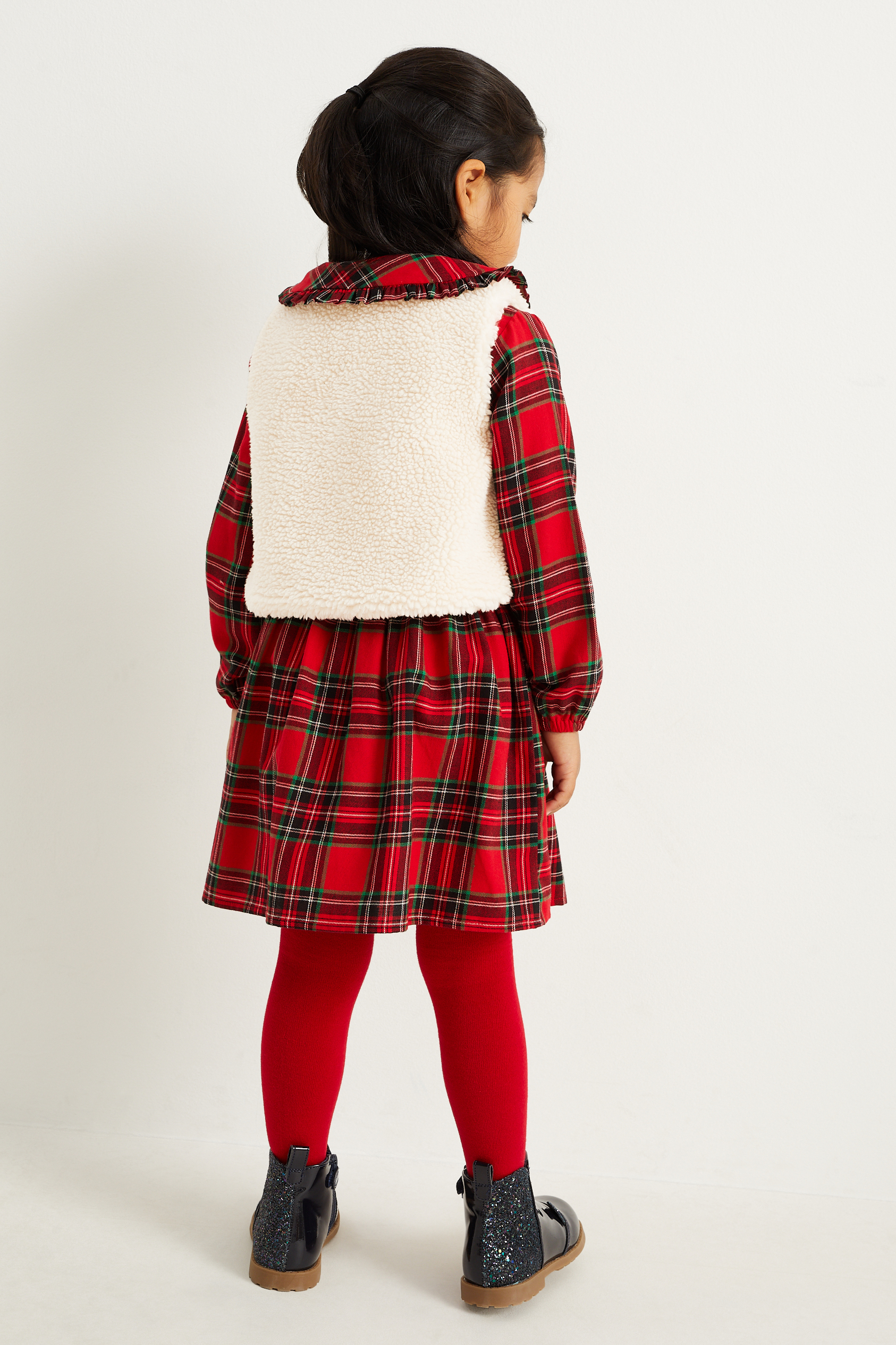 Set - dress, teddy fur waistcoat and tights - 3 piece
