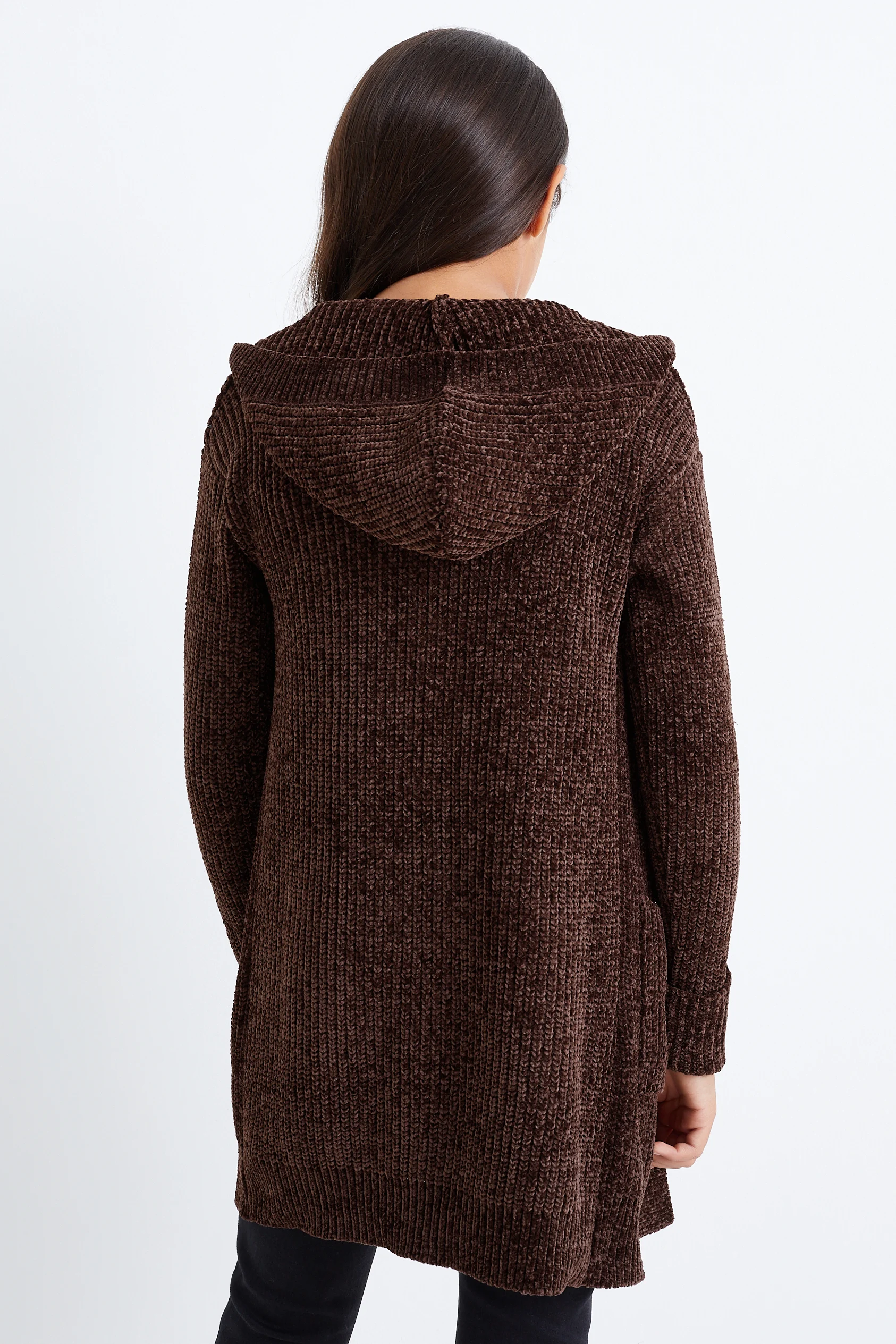 Chenille cardigan with hood