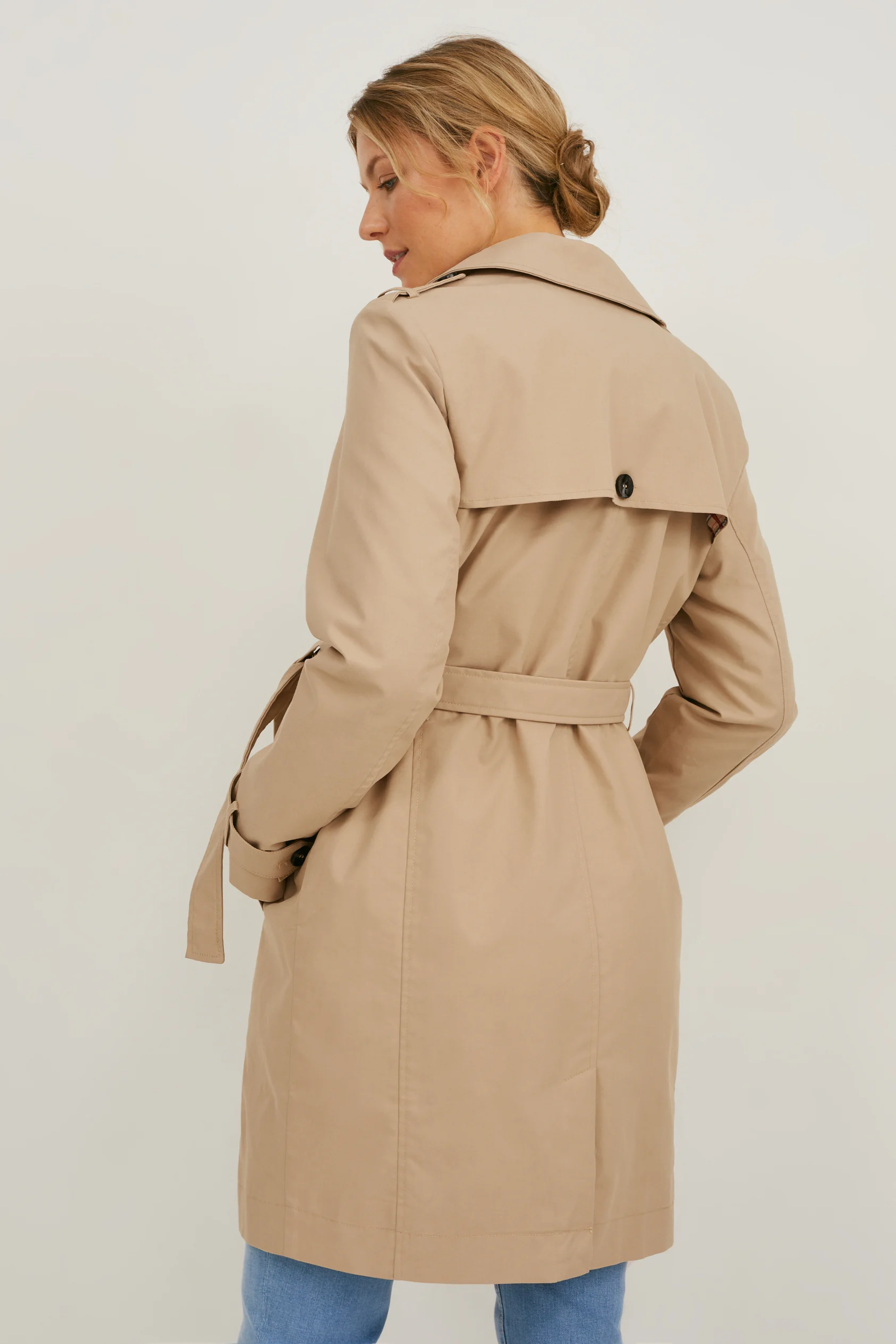 Maternity trench coat with baby pouch
