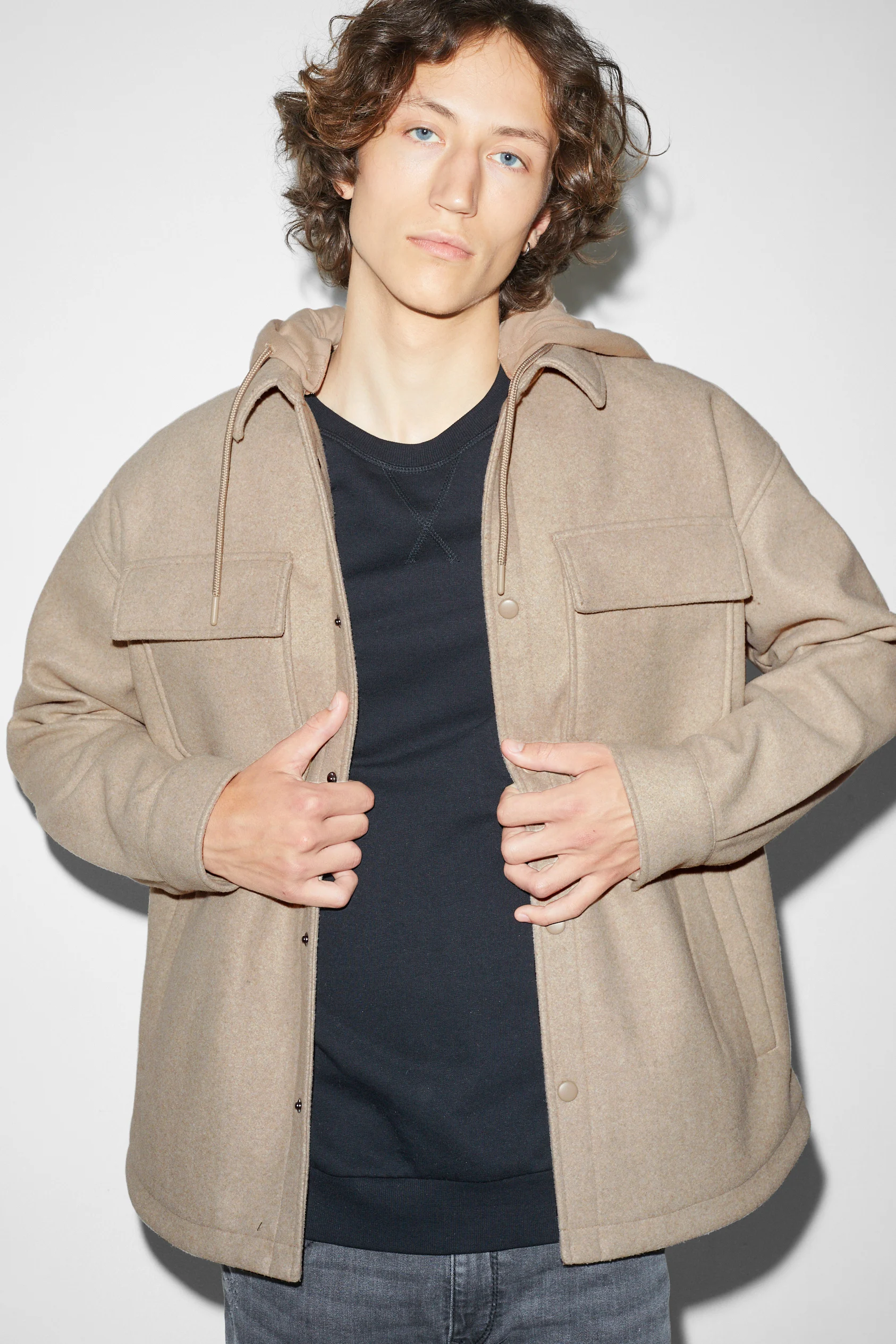 Shirt jacket with hood