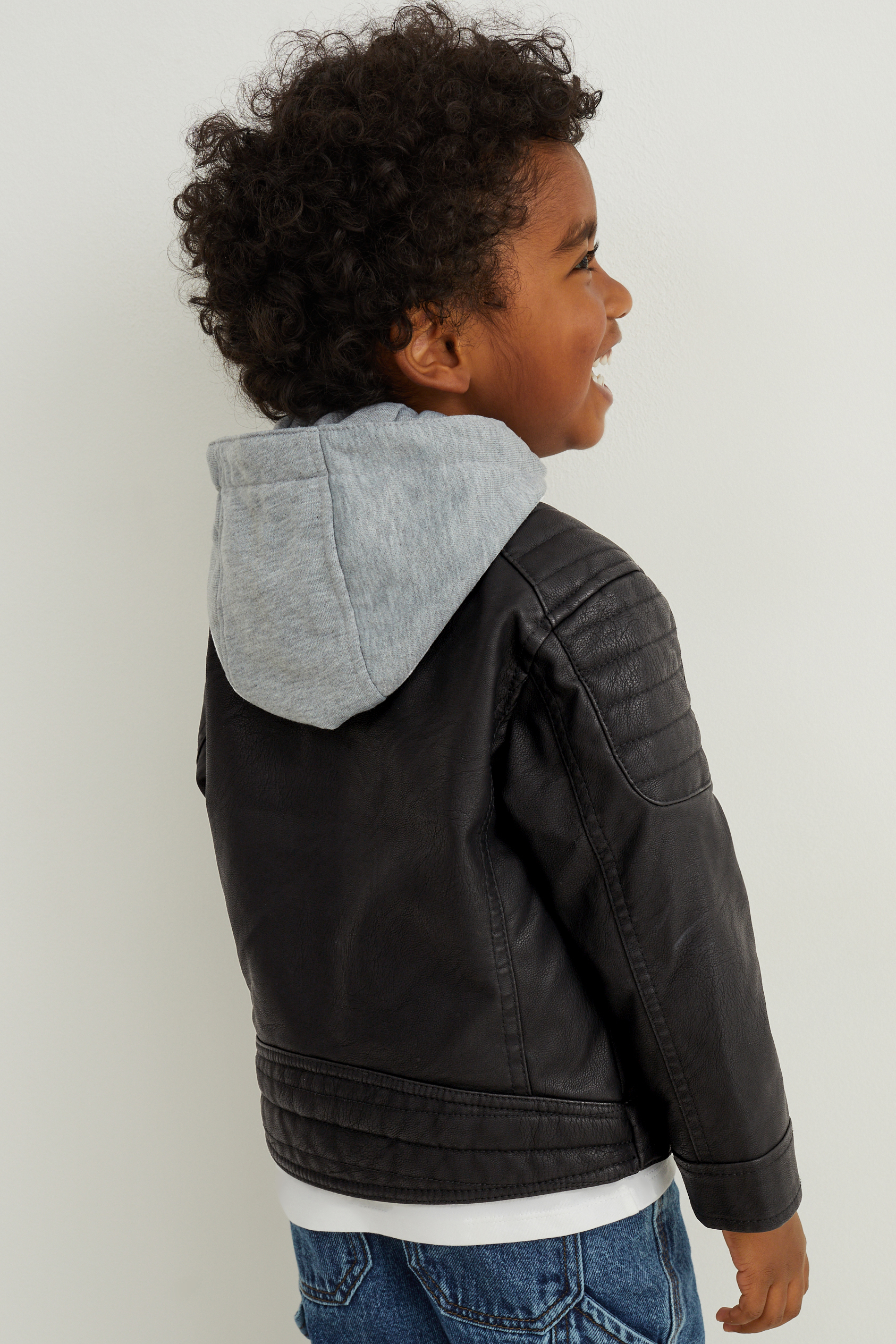 Biker jacket with hood - faux leather