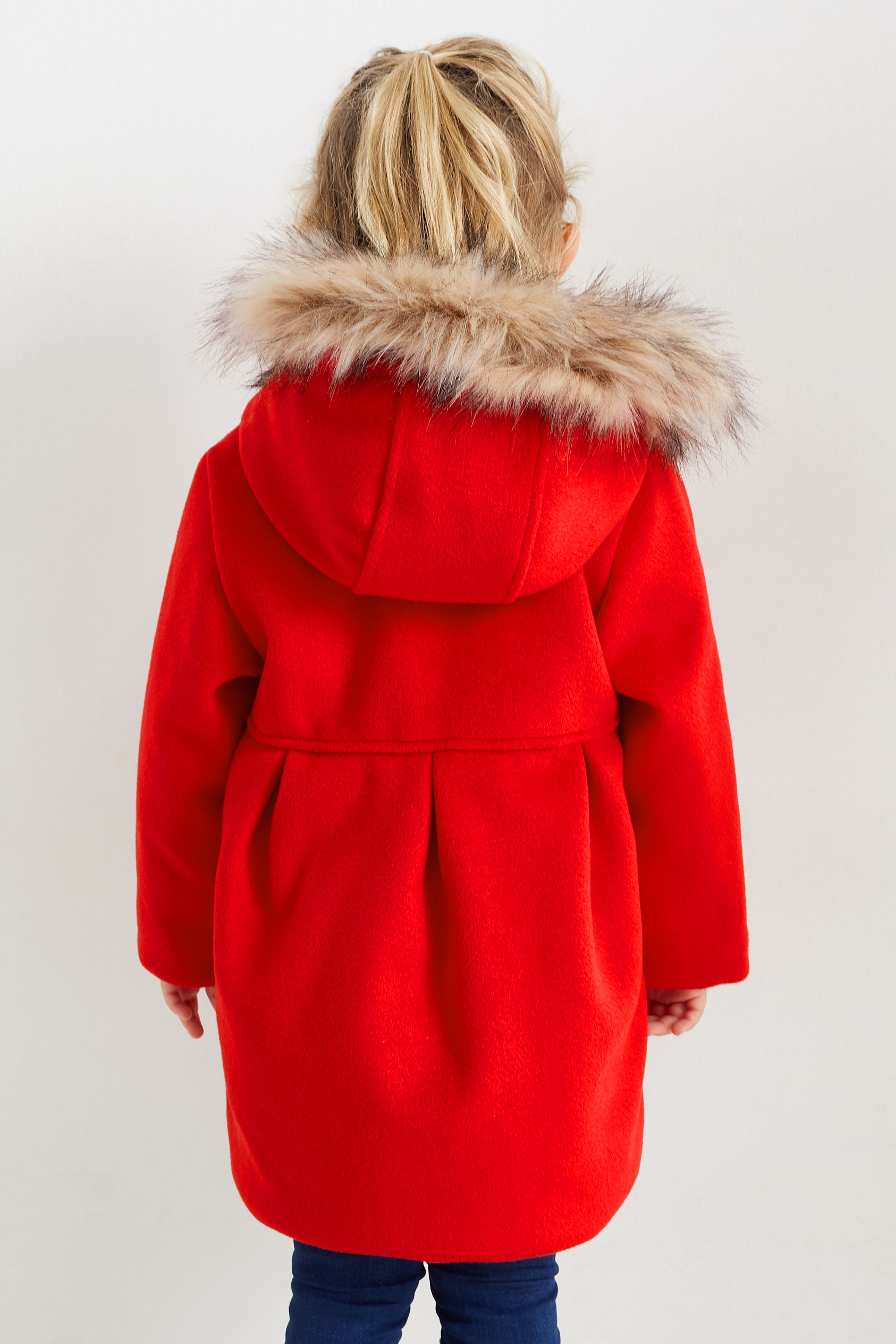 Coat with hood and faux fur trim