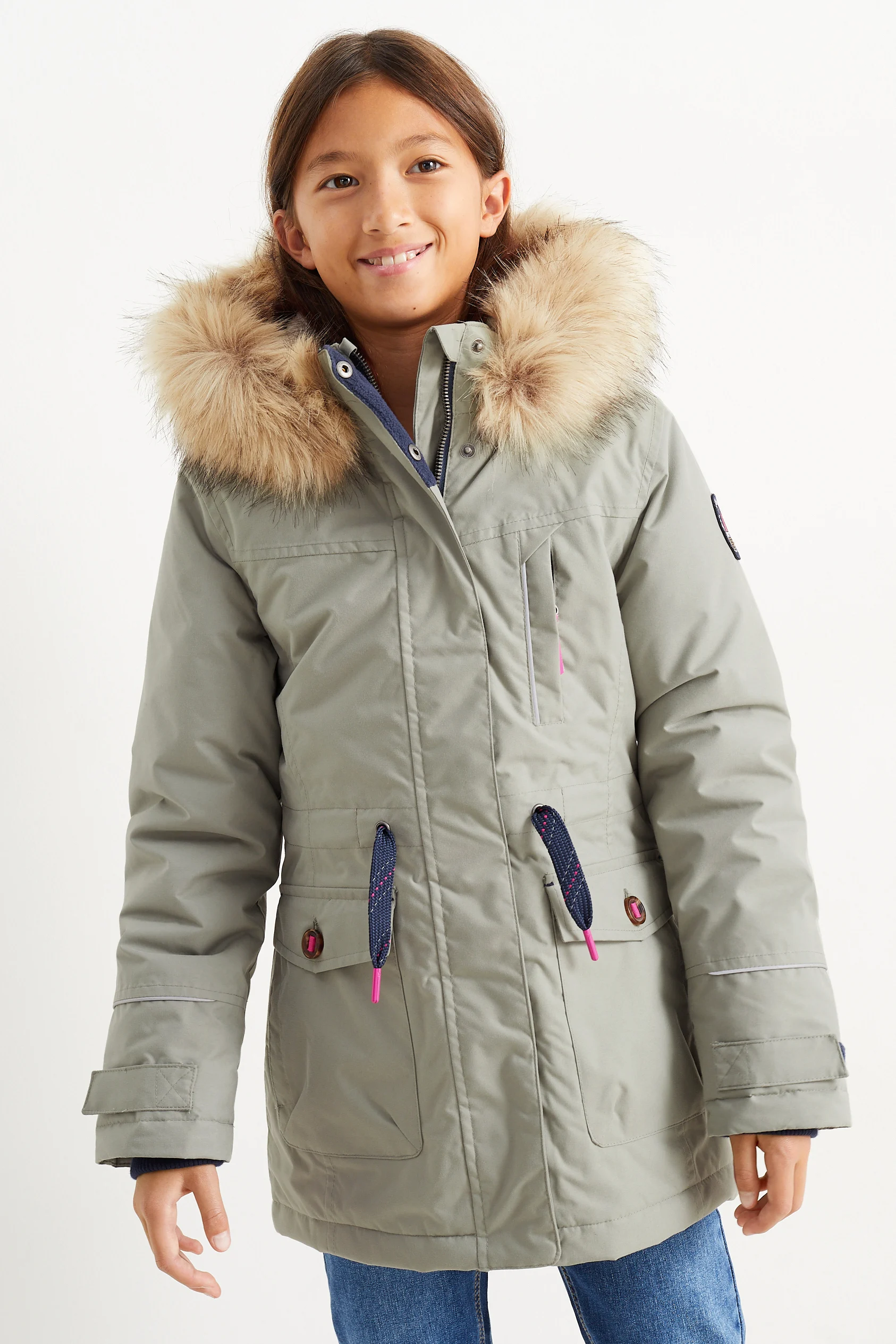 Parka with hood and faux fur trim