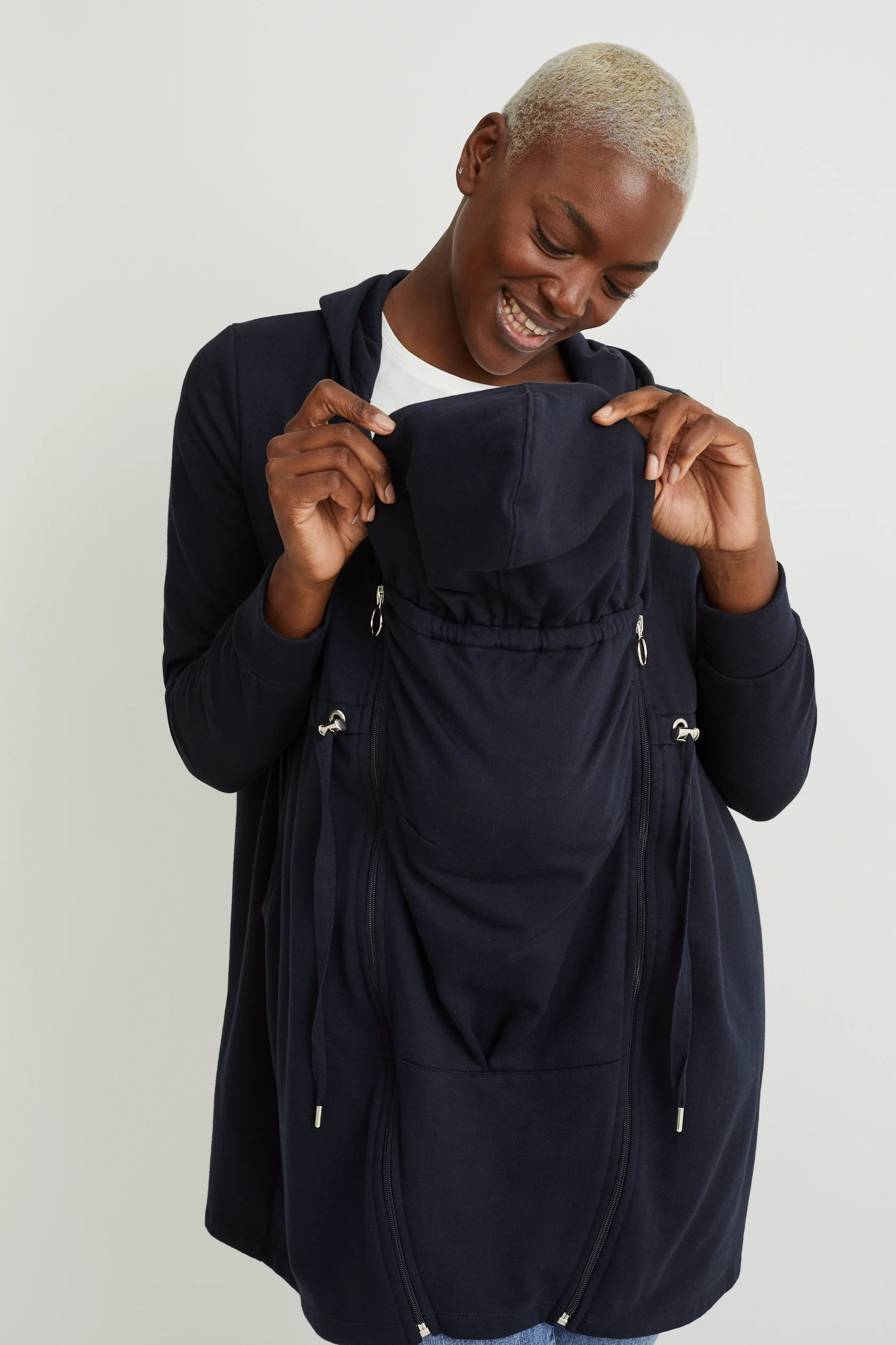 Maternity zip-through sweatshirt with hood and baby pouch