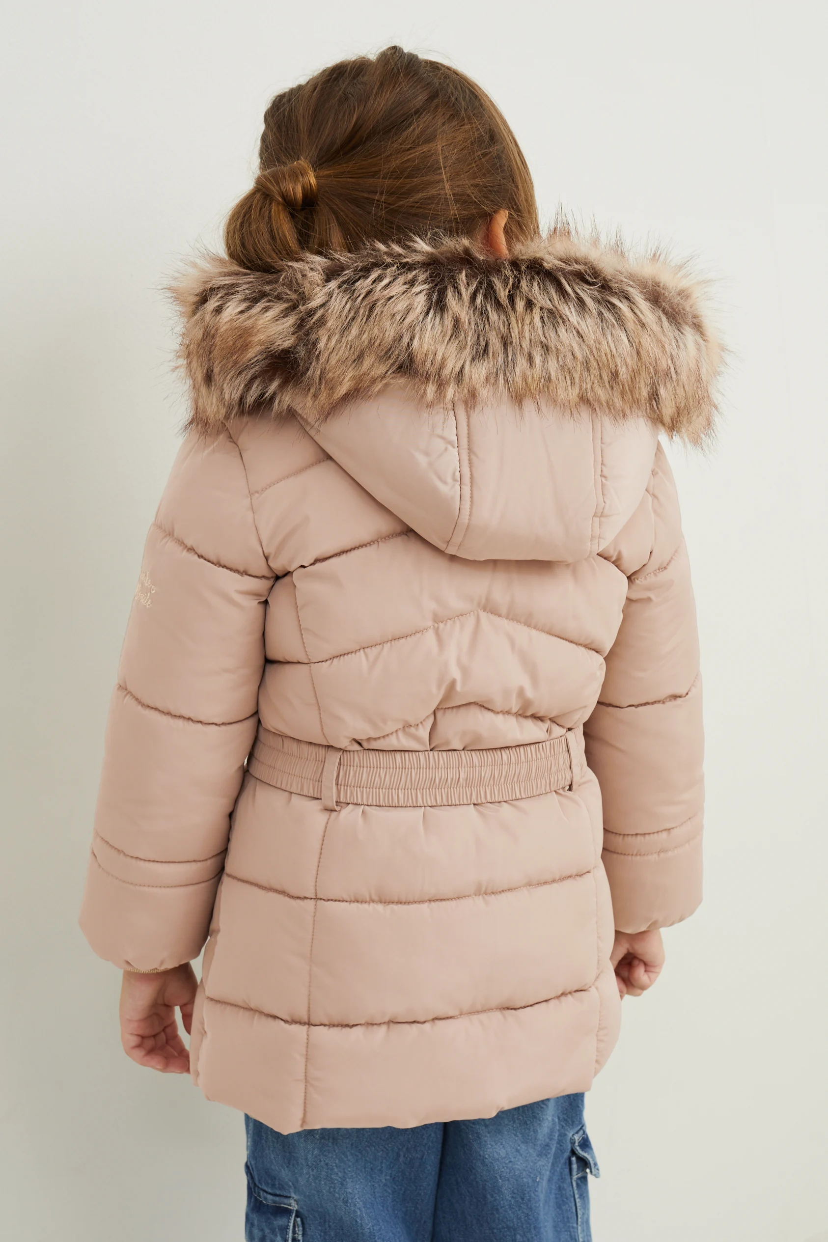 Quilted jacket with hood and faux fur trim