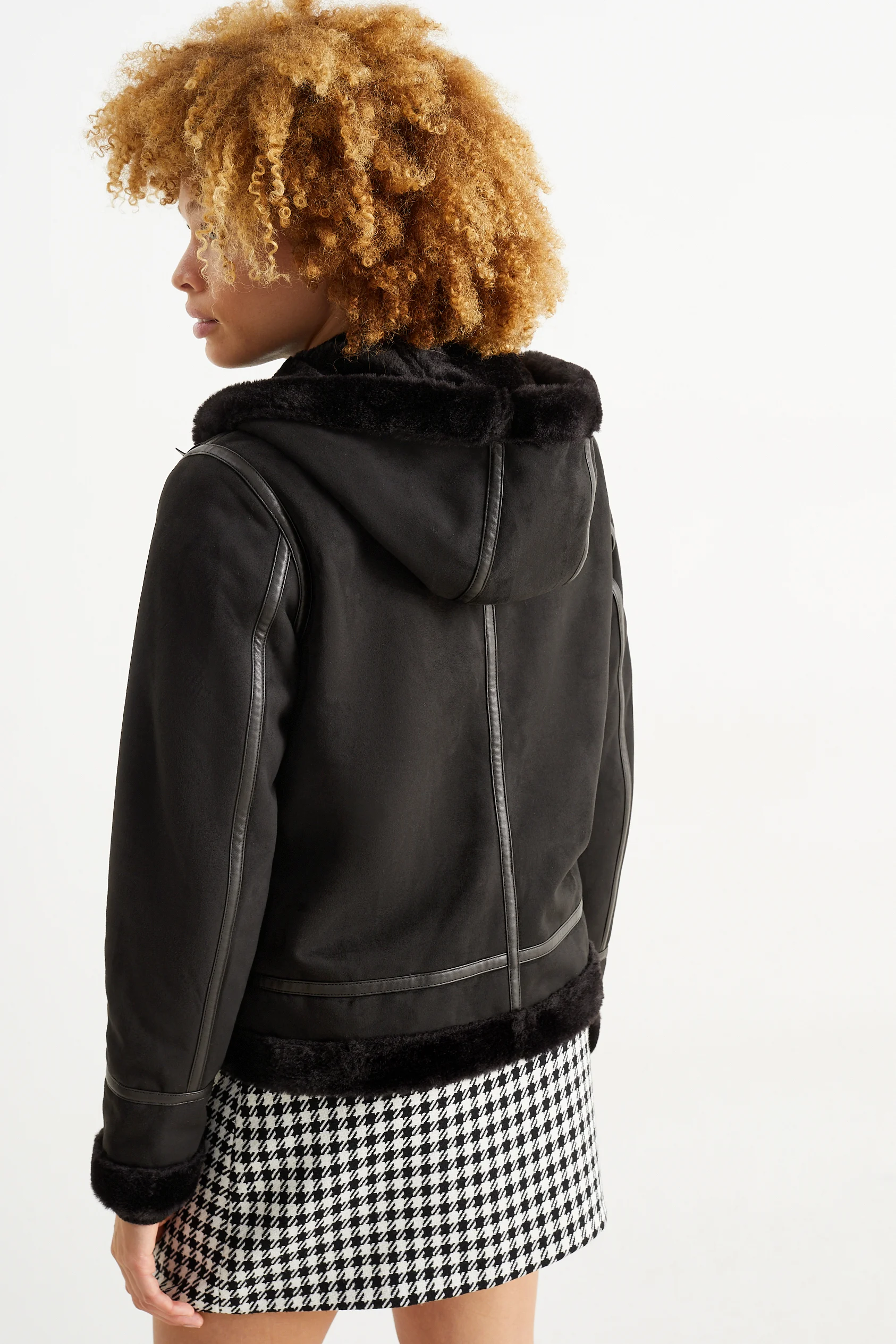 Shearling jacket with hood - faux suede