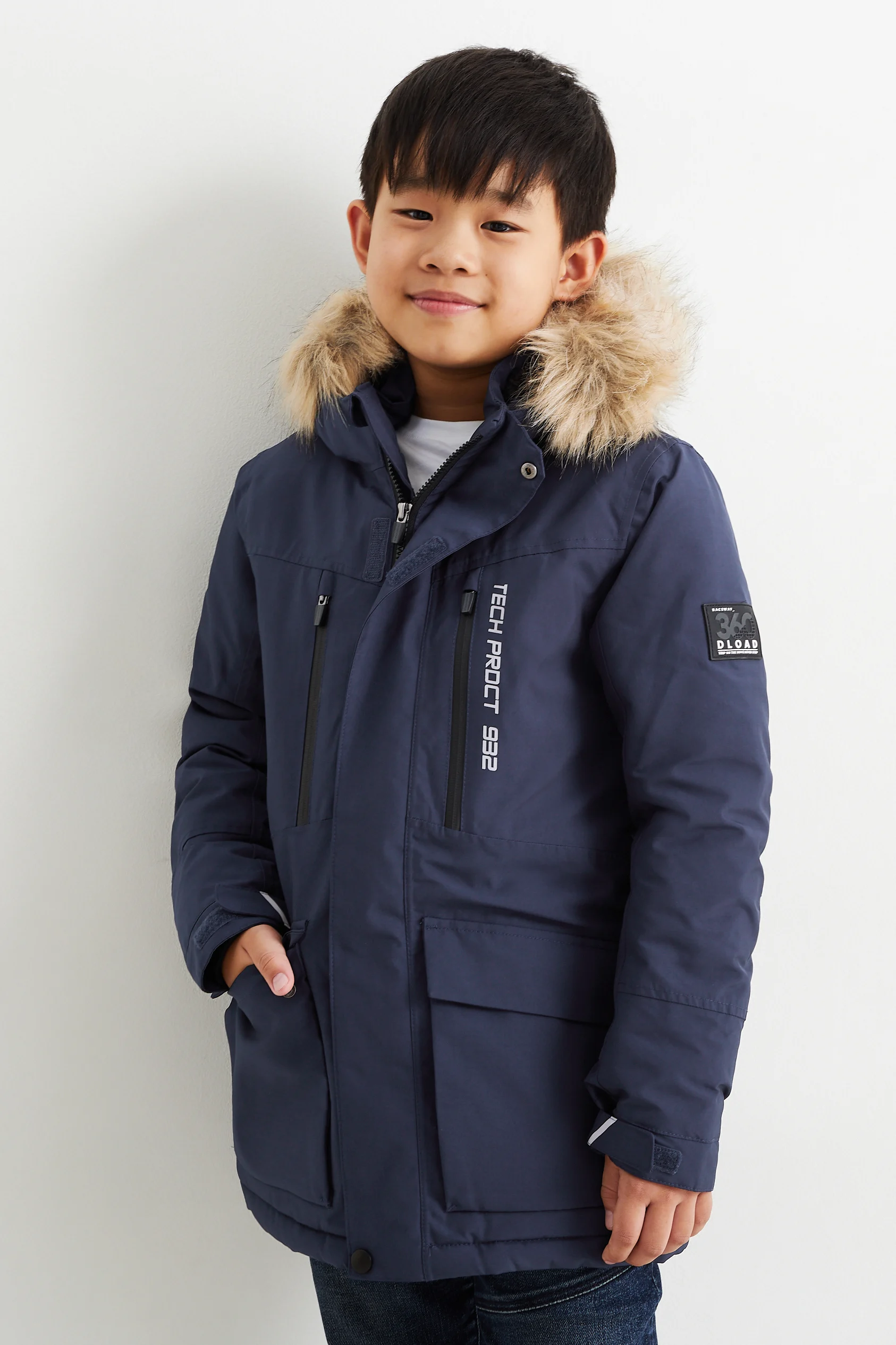 Jacket with hood and faux fur trim