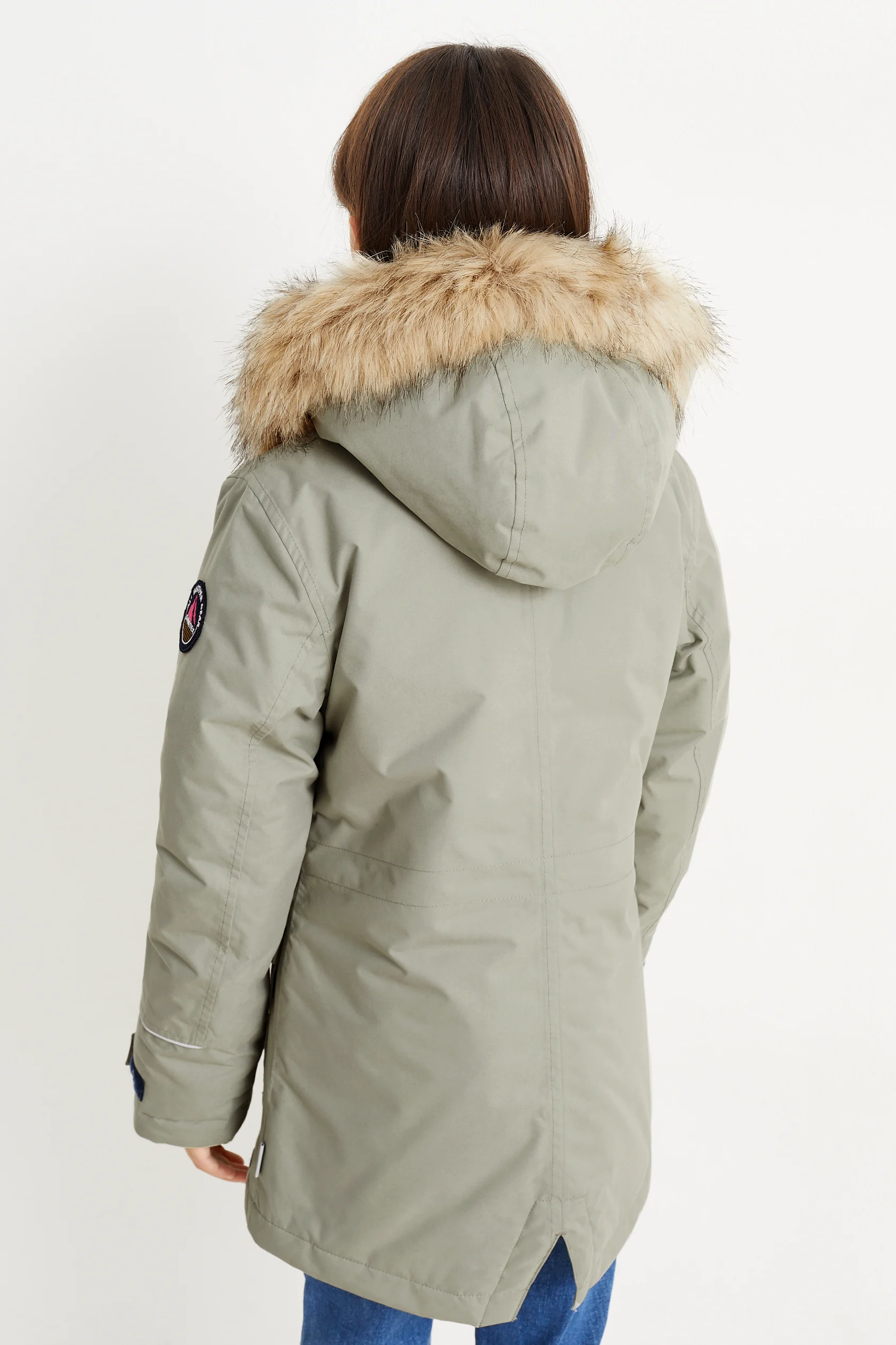 Parka with hood and faux fur trim