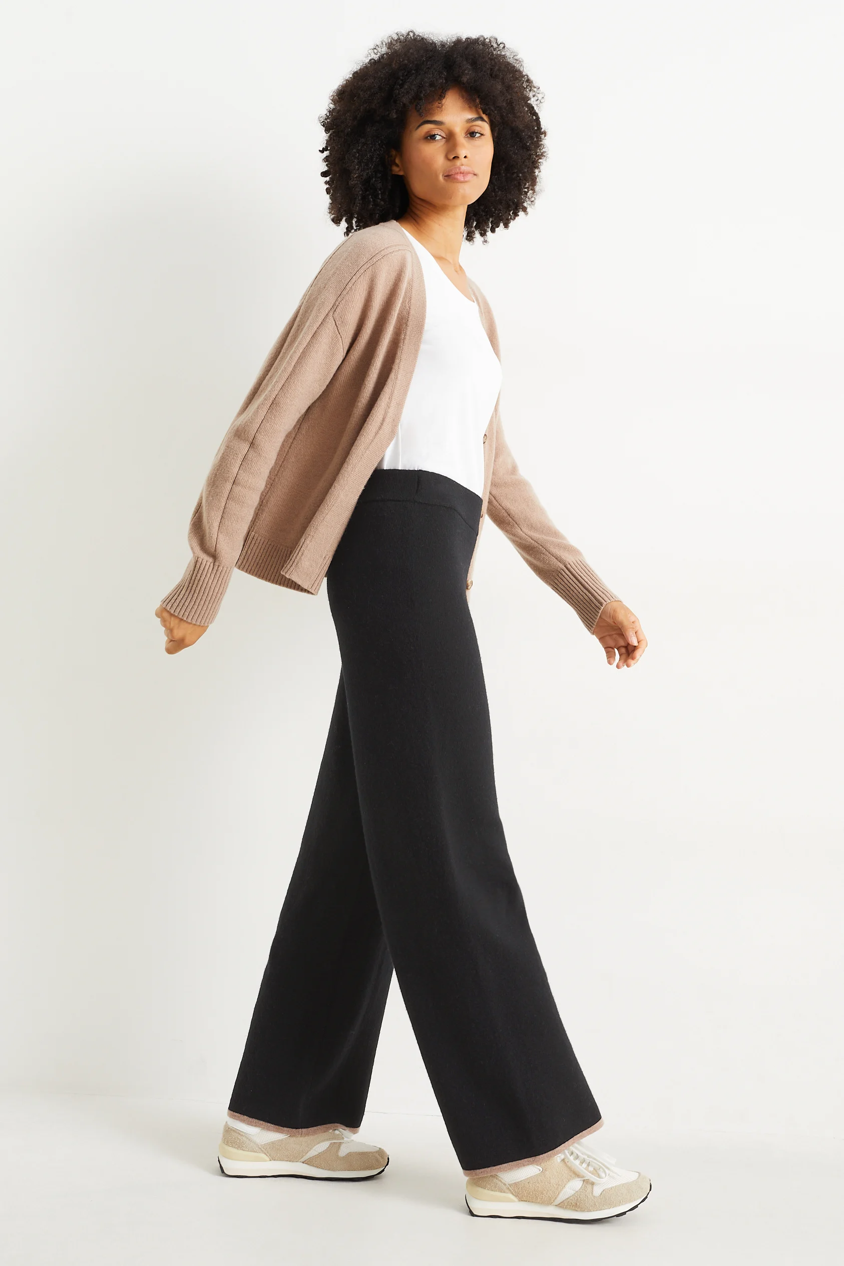 Knitted trousers - mid-rise waist - wide leg - wool blend