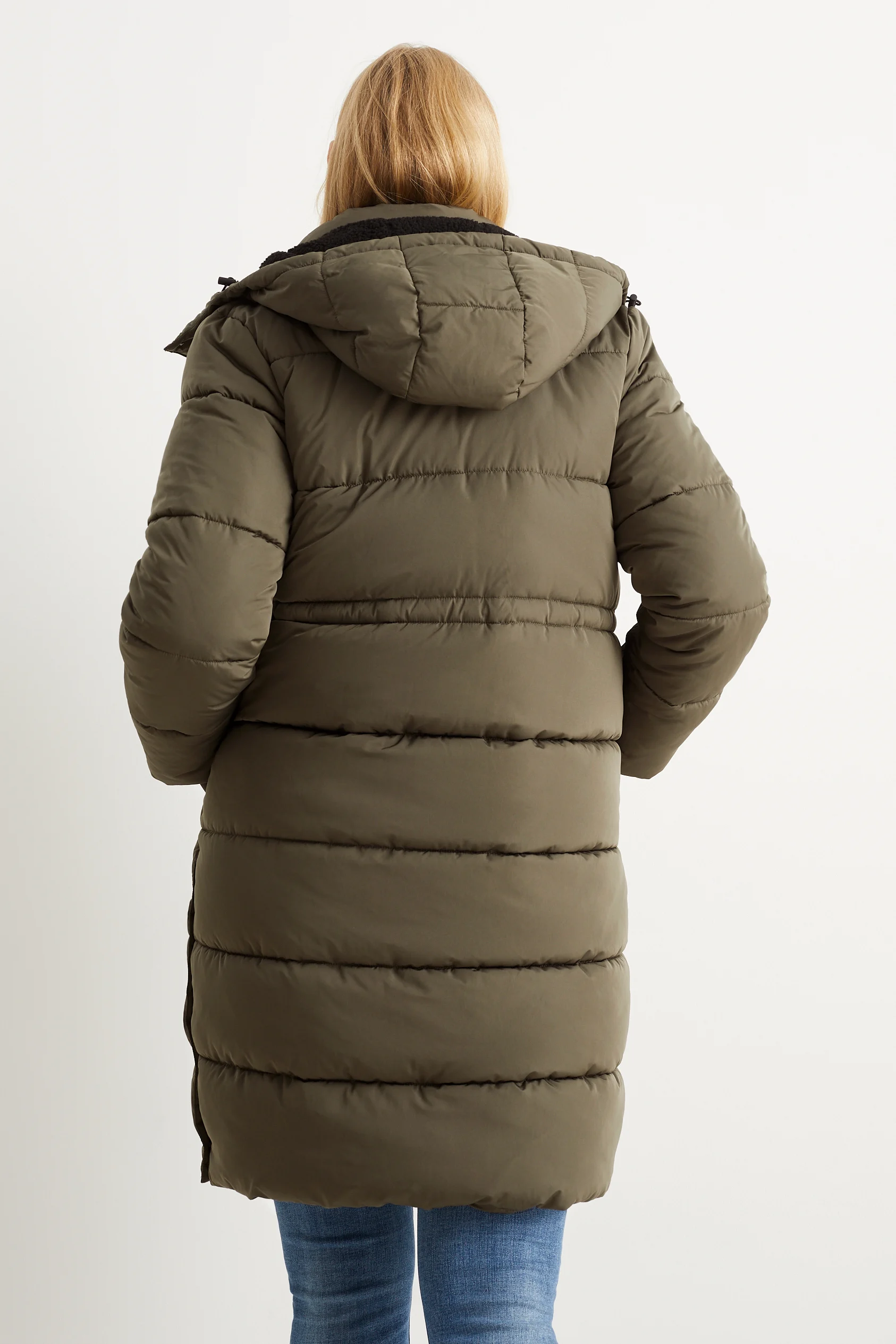 Maternity quilted coat jacket with hood and baby pouch