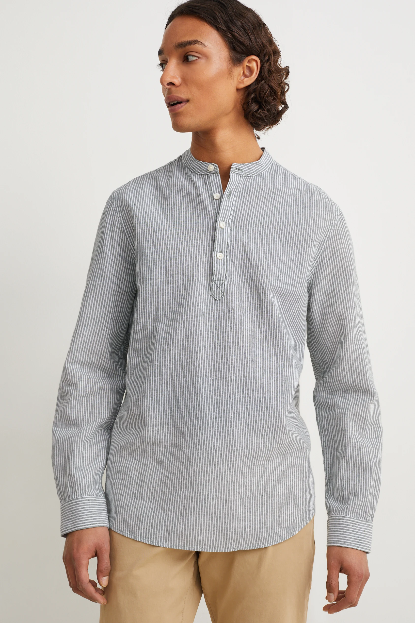 Shirt - regular fit - band collar - linen blend - striped