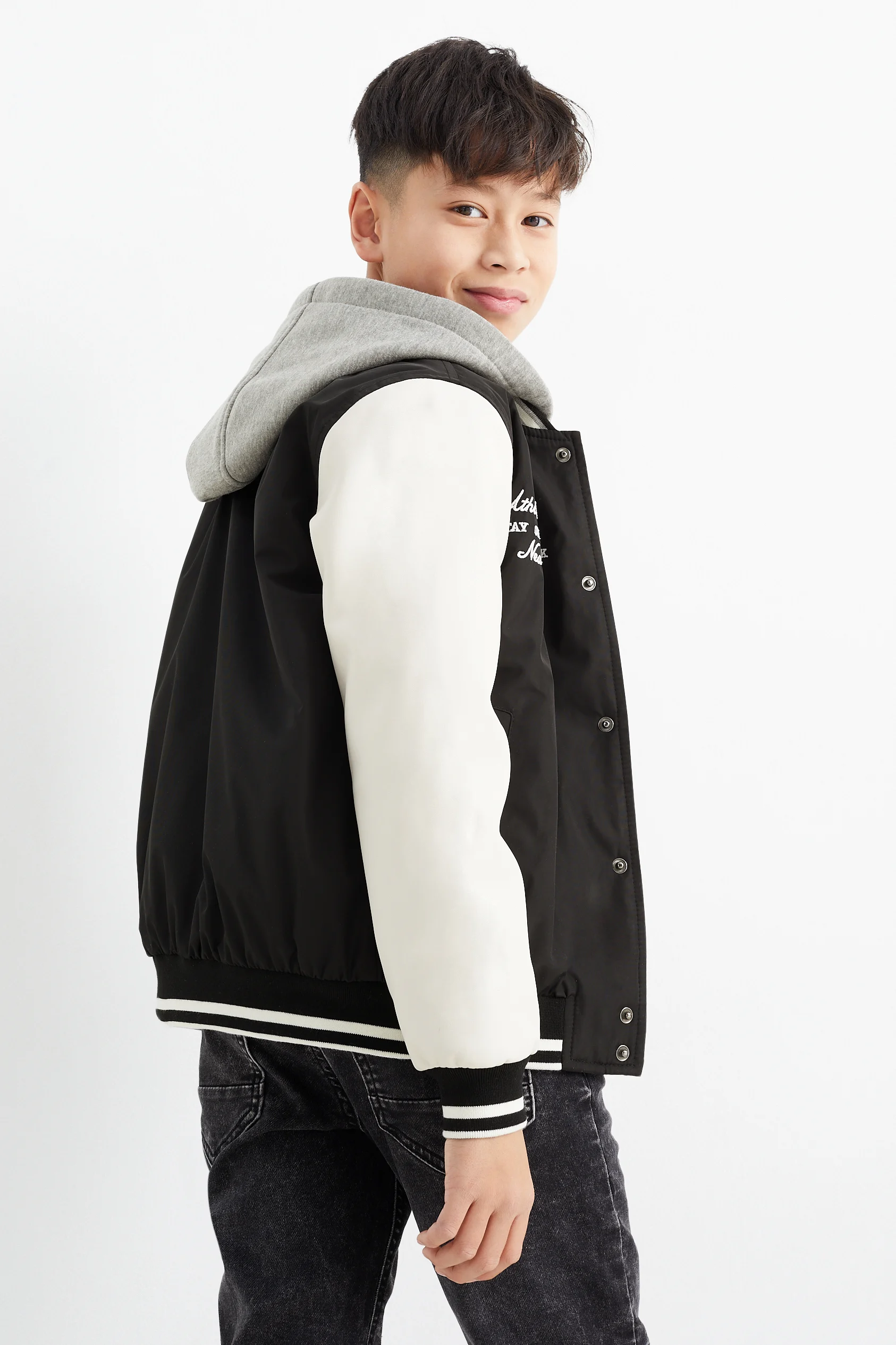 Varsity jacket with hood