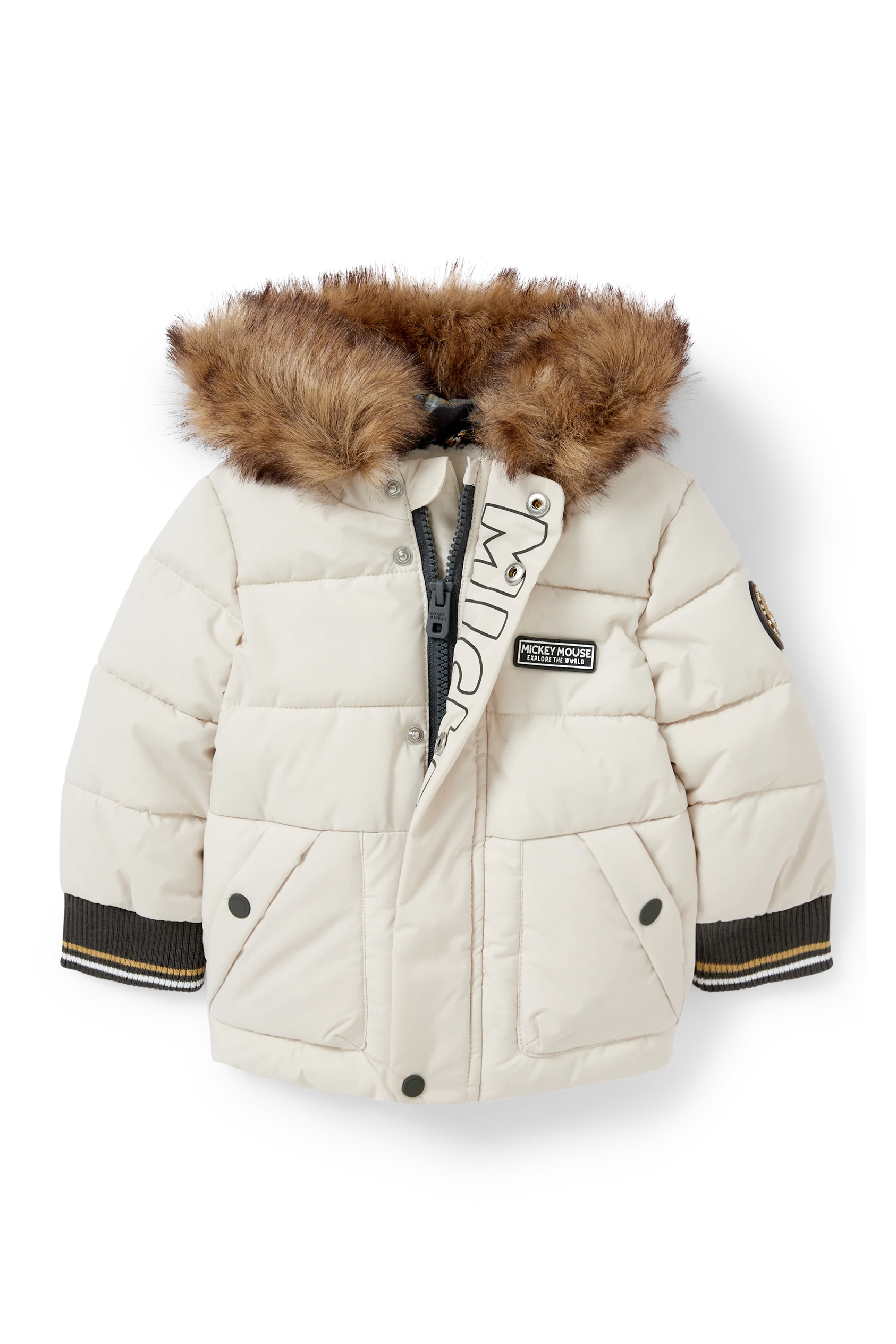 Mickey Mouse - baby quilted jacket with hood and faux fur trim