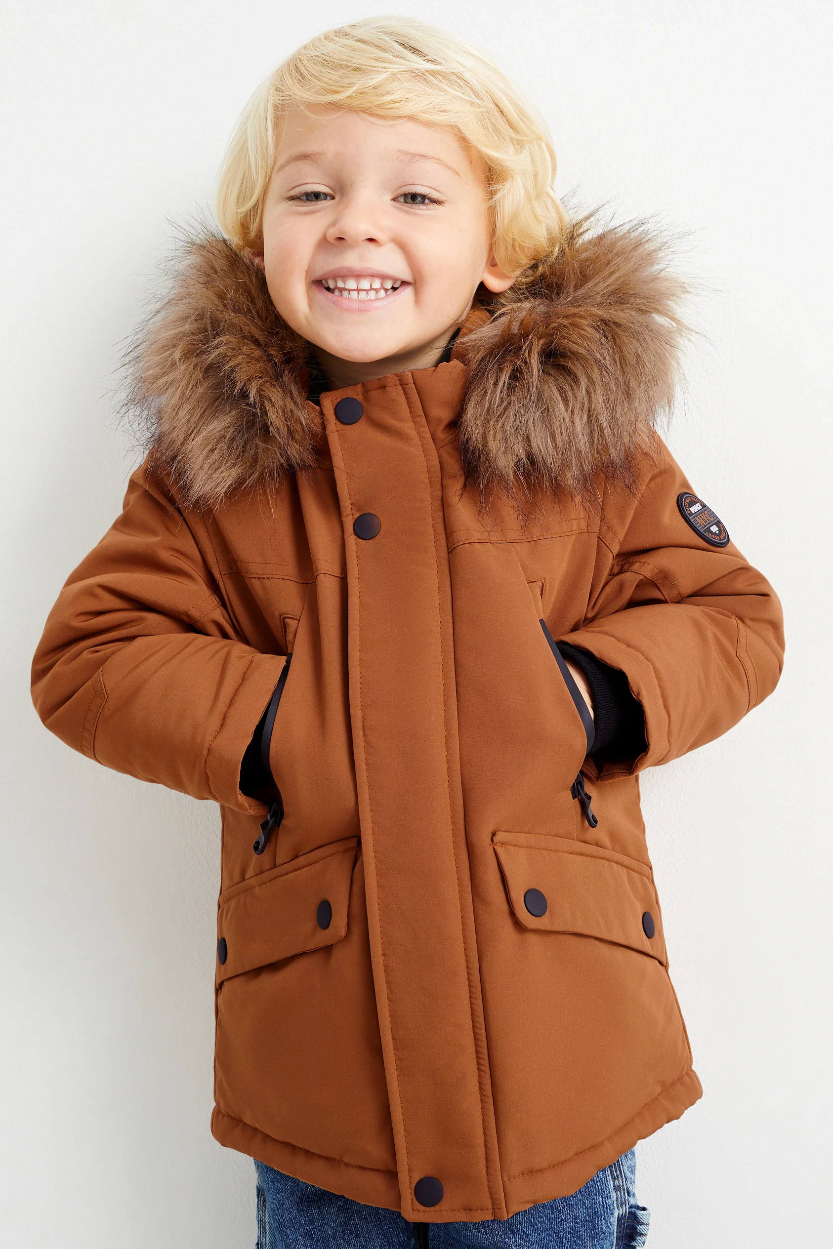 Parka with hood and faux fur trim