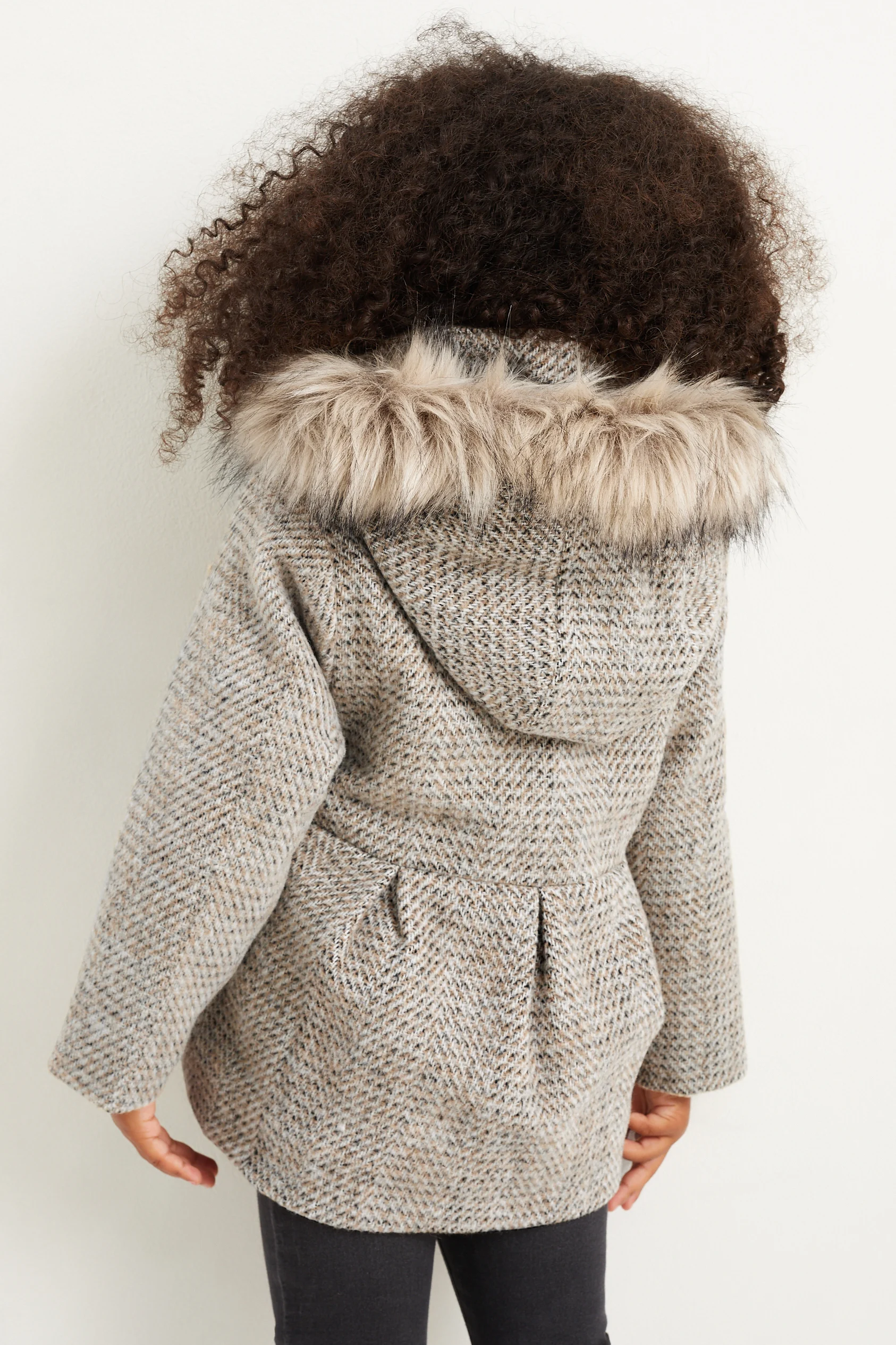Jacket with hood and faux fur trim