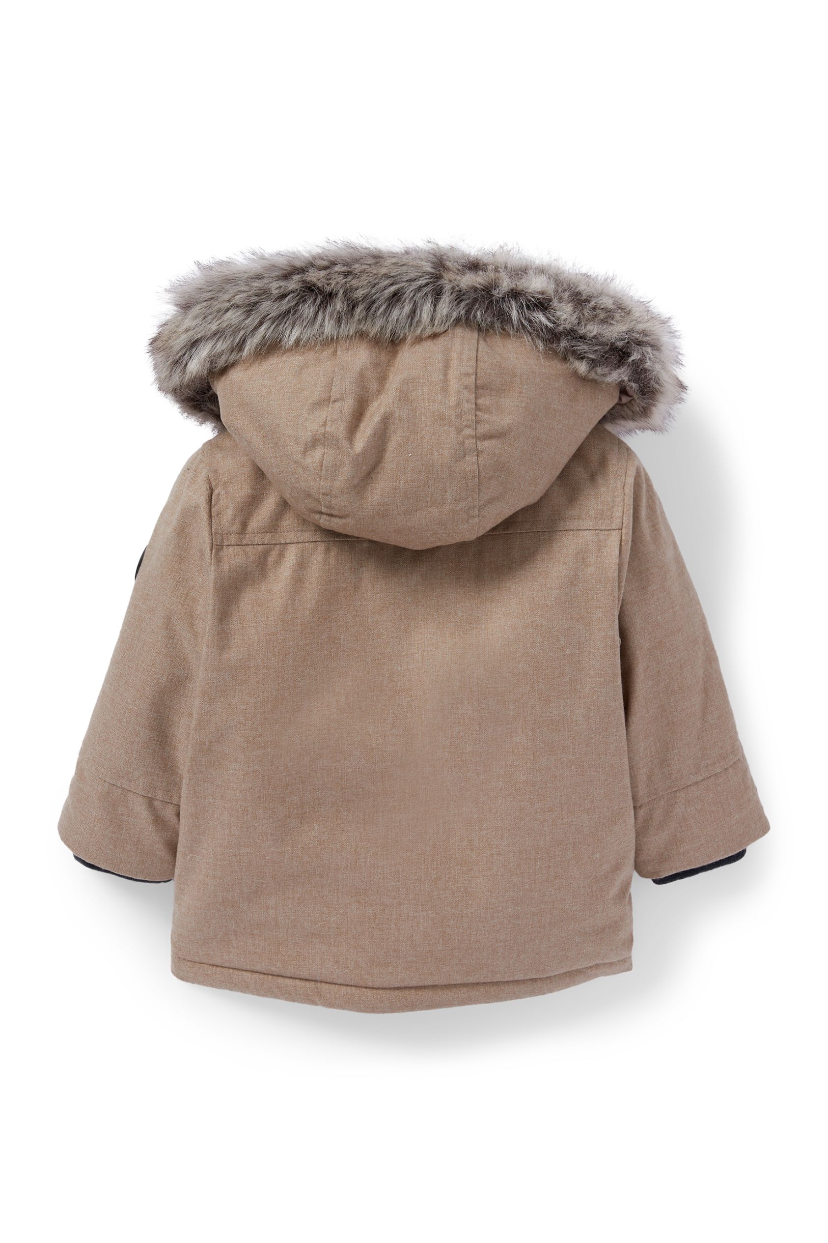 Baby jacket with hood and faux fur trim