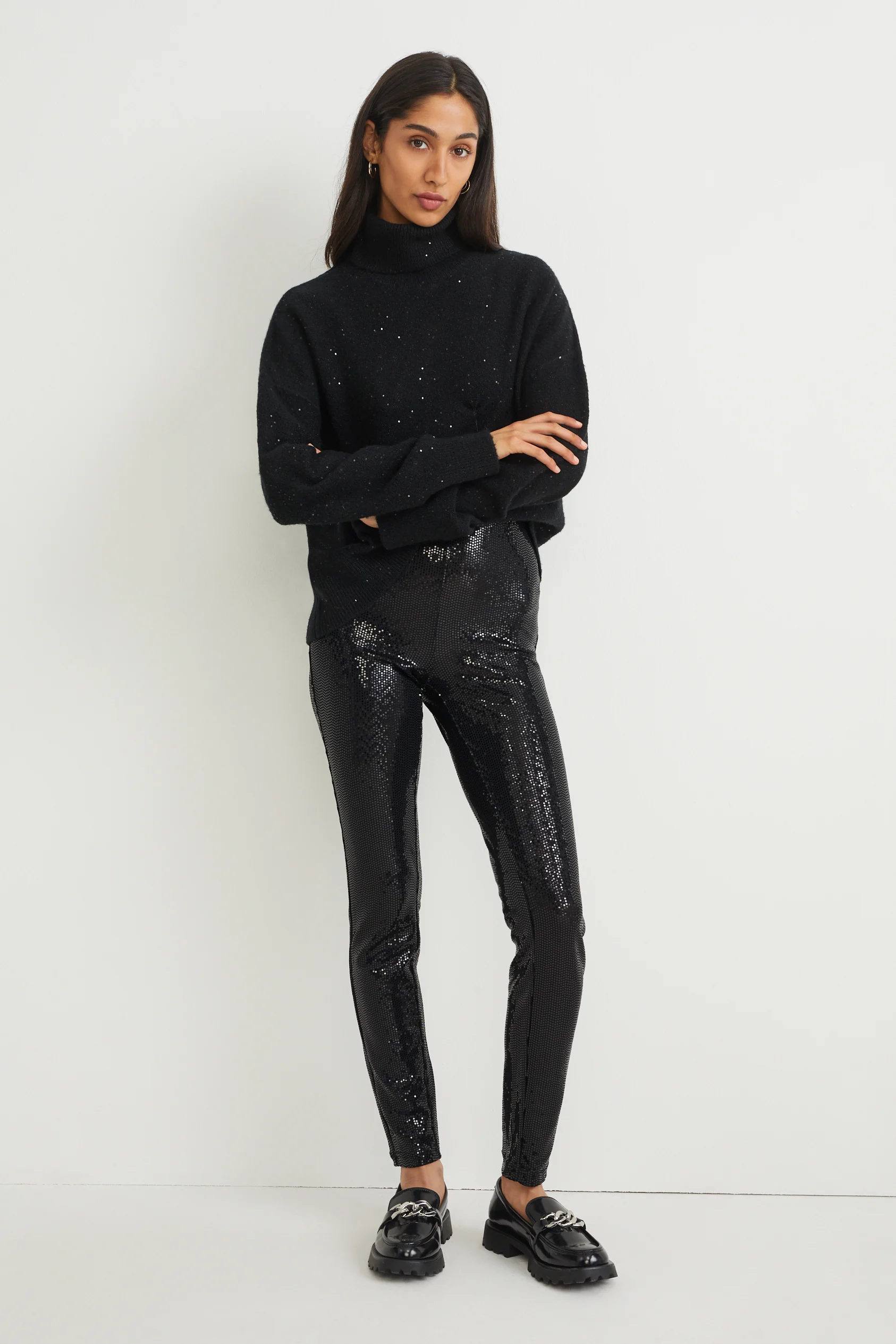 Cloth trousers - high waist - skinny fit - shiny
