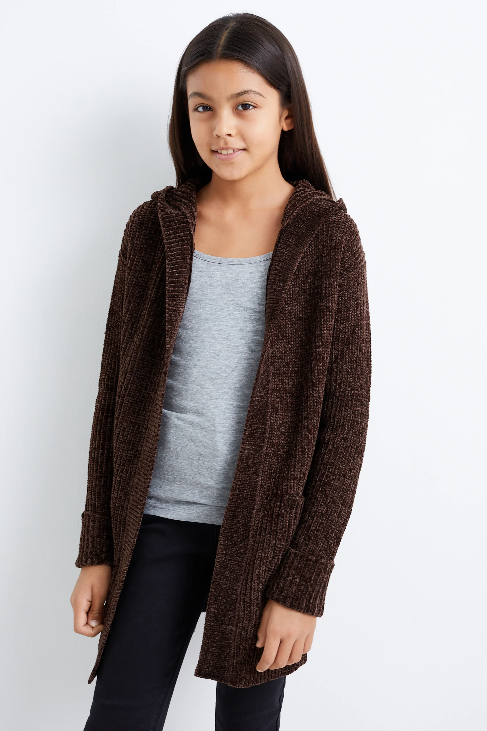 Chenille cardigan with hood