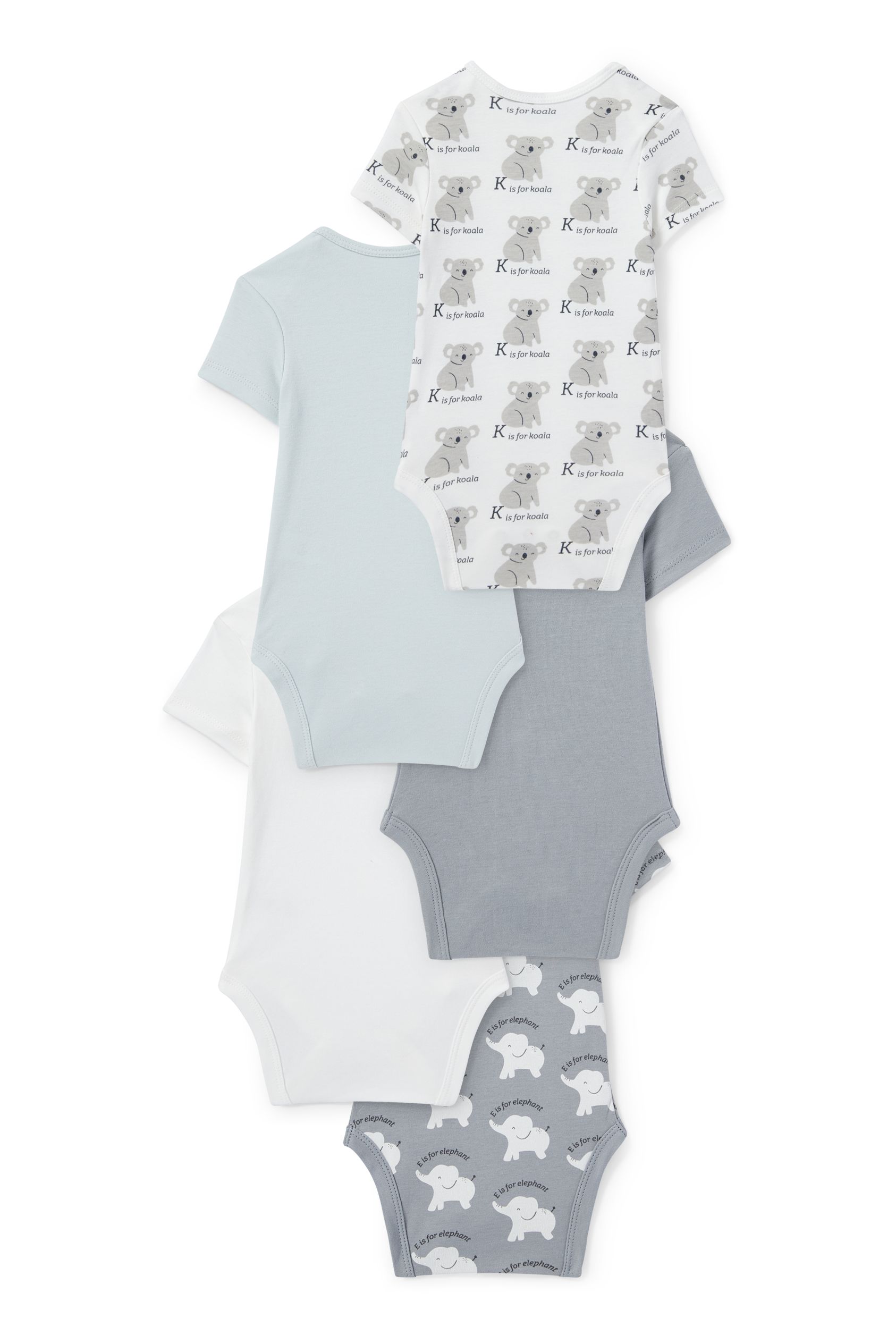 Multipack of 5 - koala and elephant - baby bodysuit