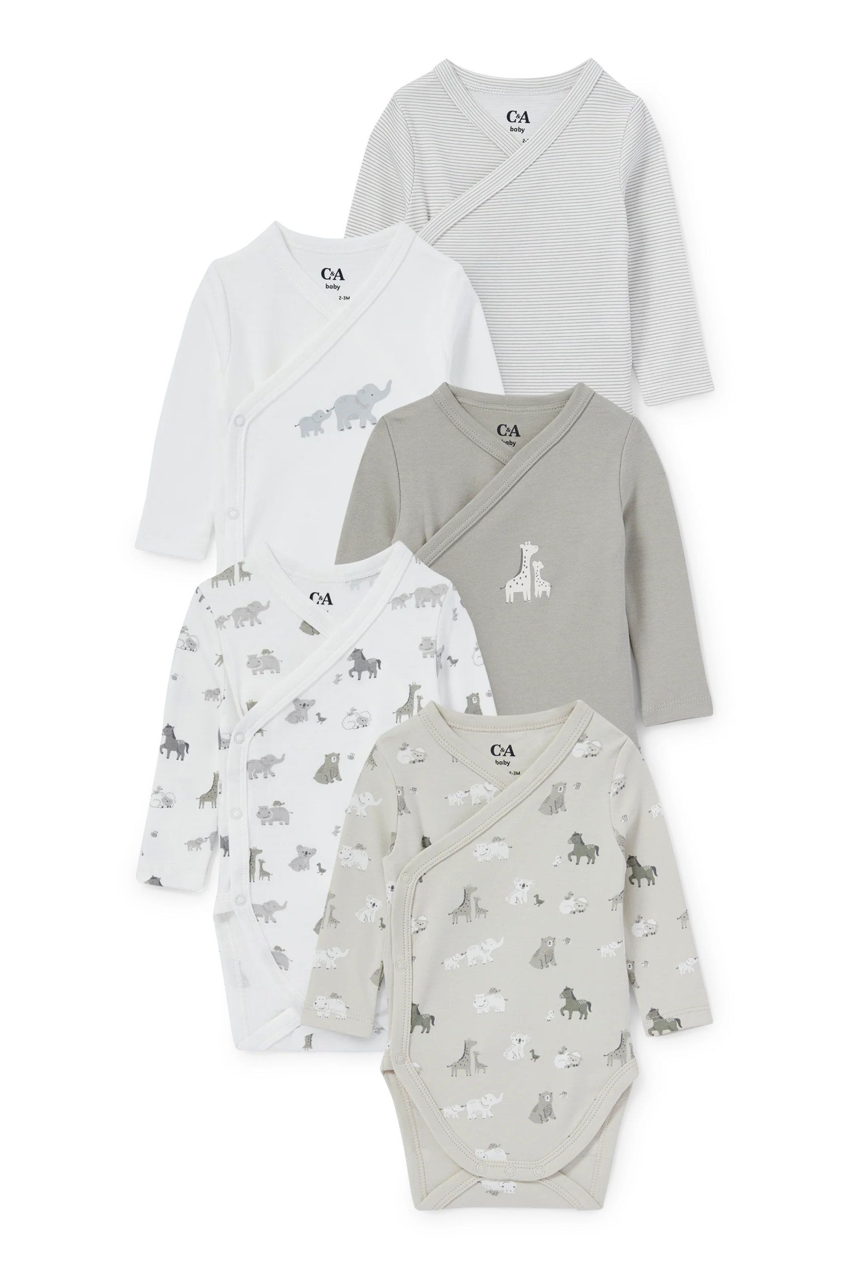 Multipack of 5 - animals - baby wrapover bodysuit