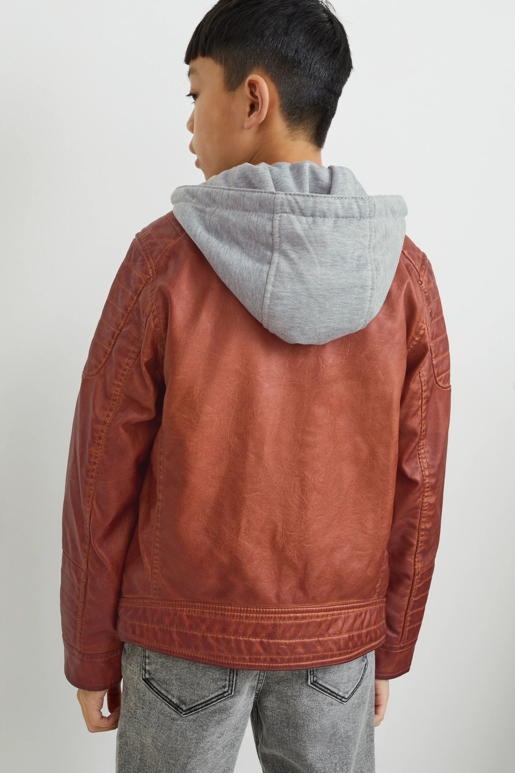 Biker jacket with hood - faux leather