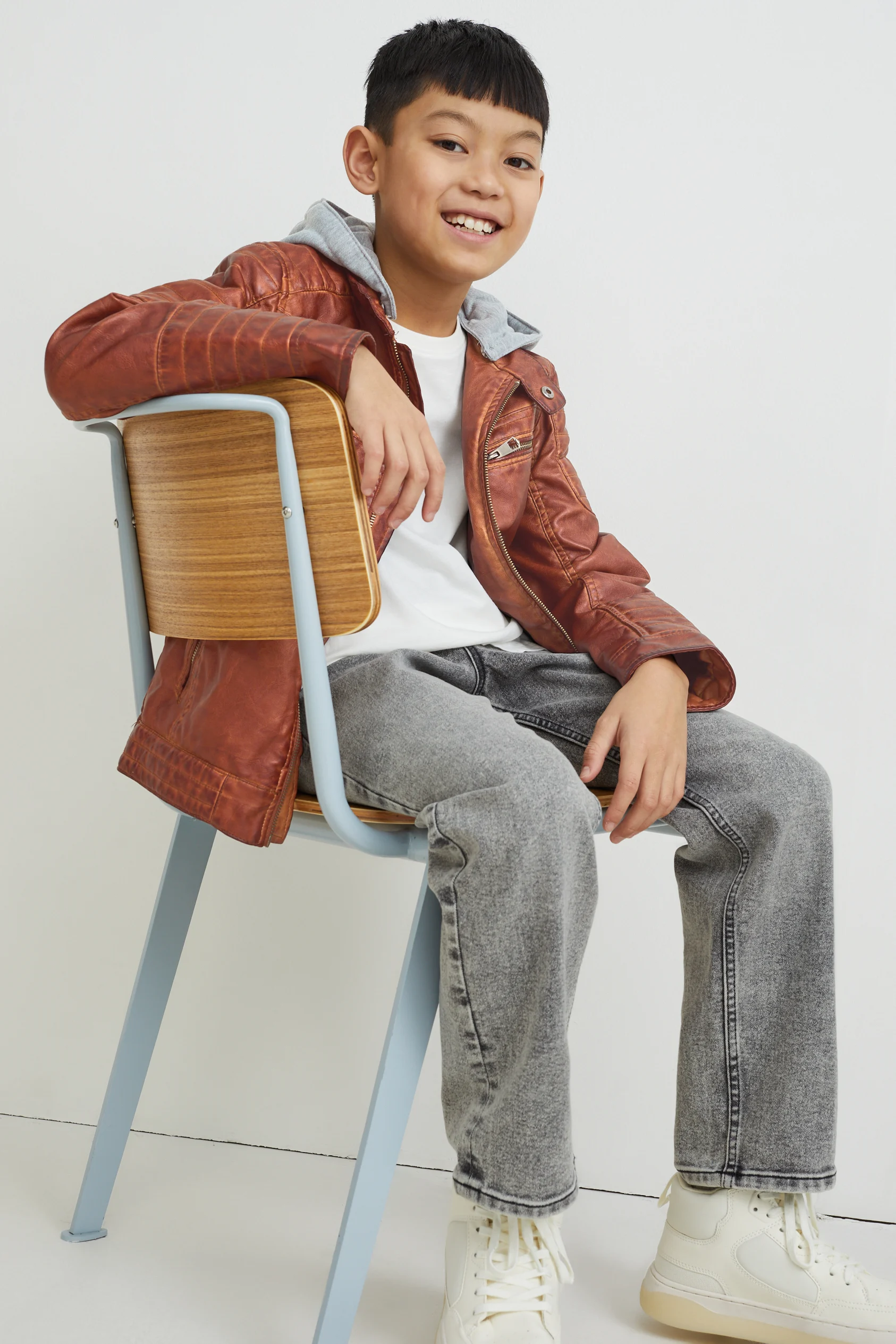 Biker jacket with hood - faux leather