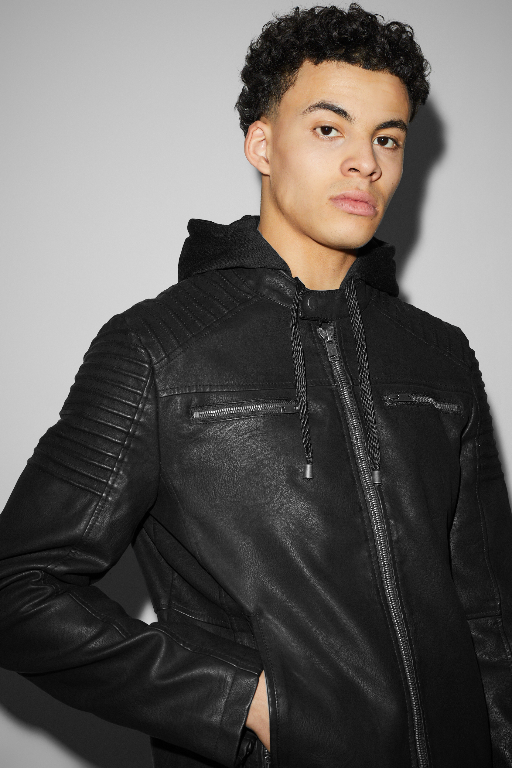 Biker jacket with hood - faux leather