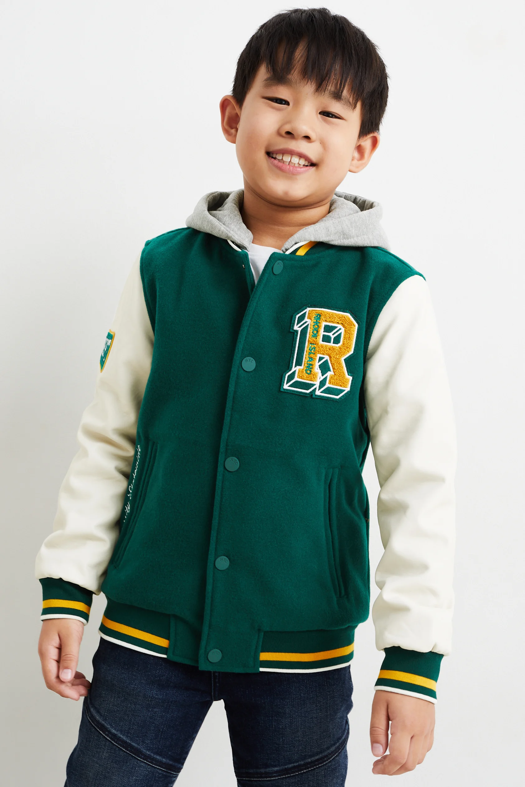Varsity jacket with hood