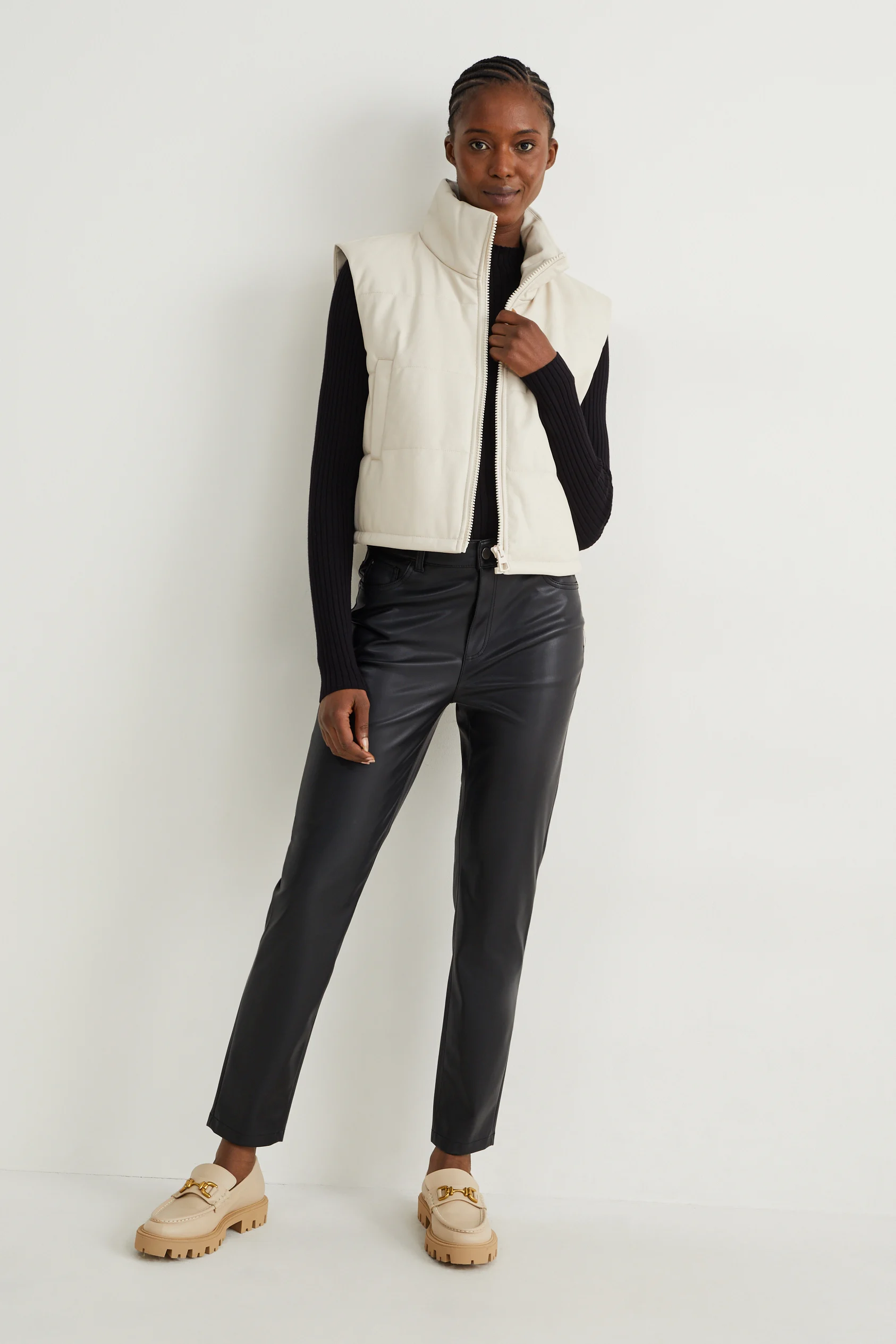 Trousers - high waist - straight fit - faux leather