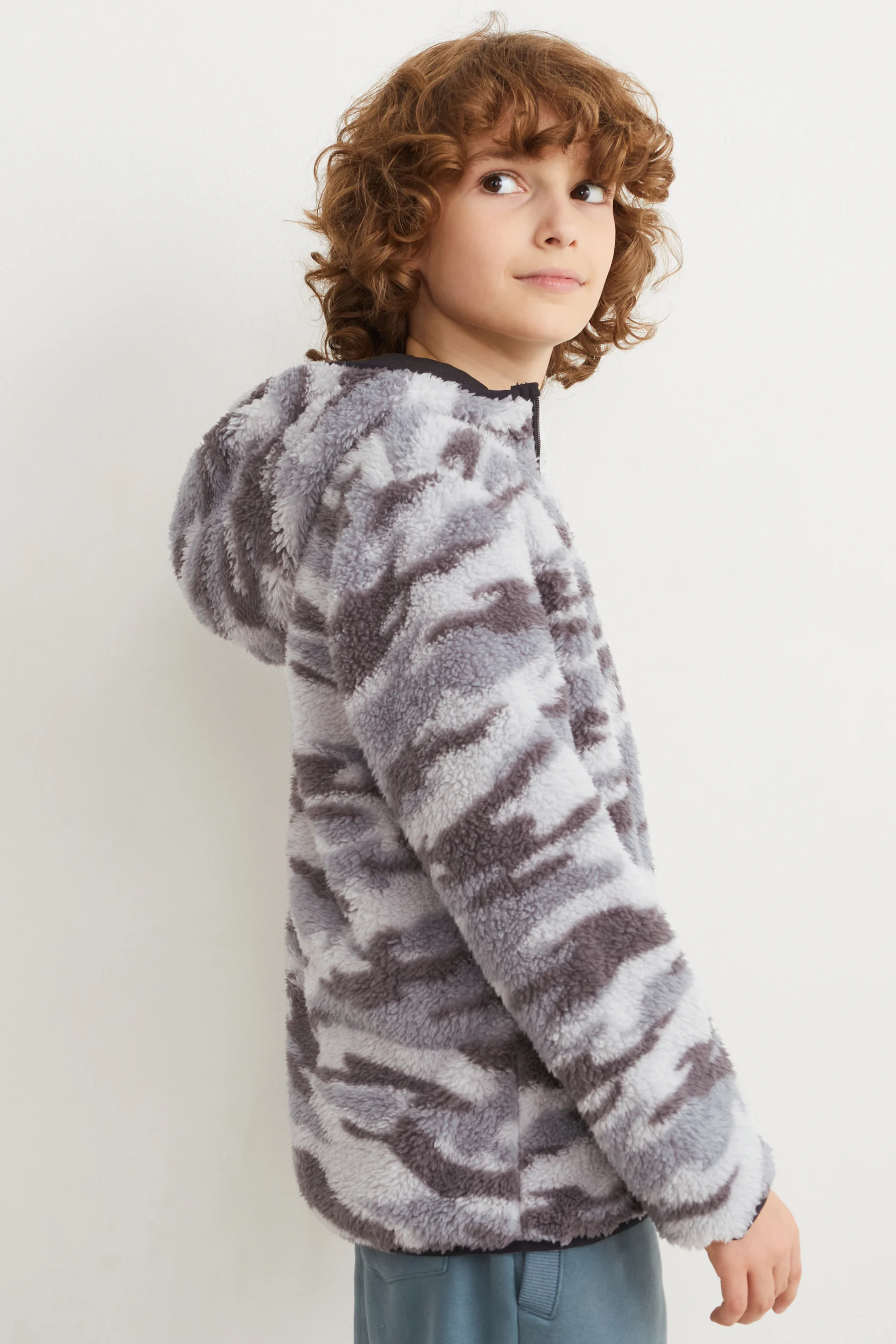 Teddy fur jacket with hood - patterned