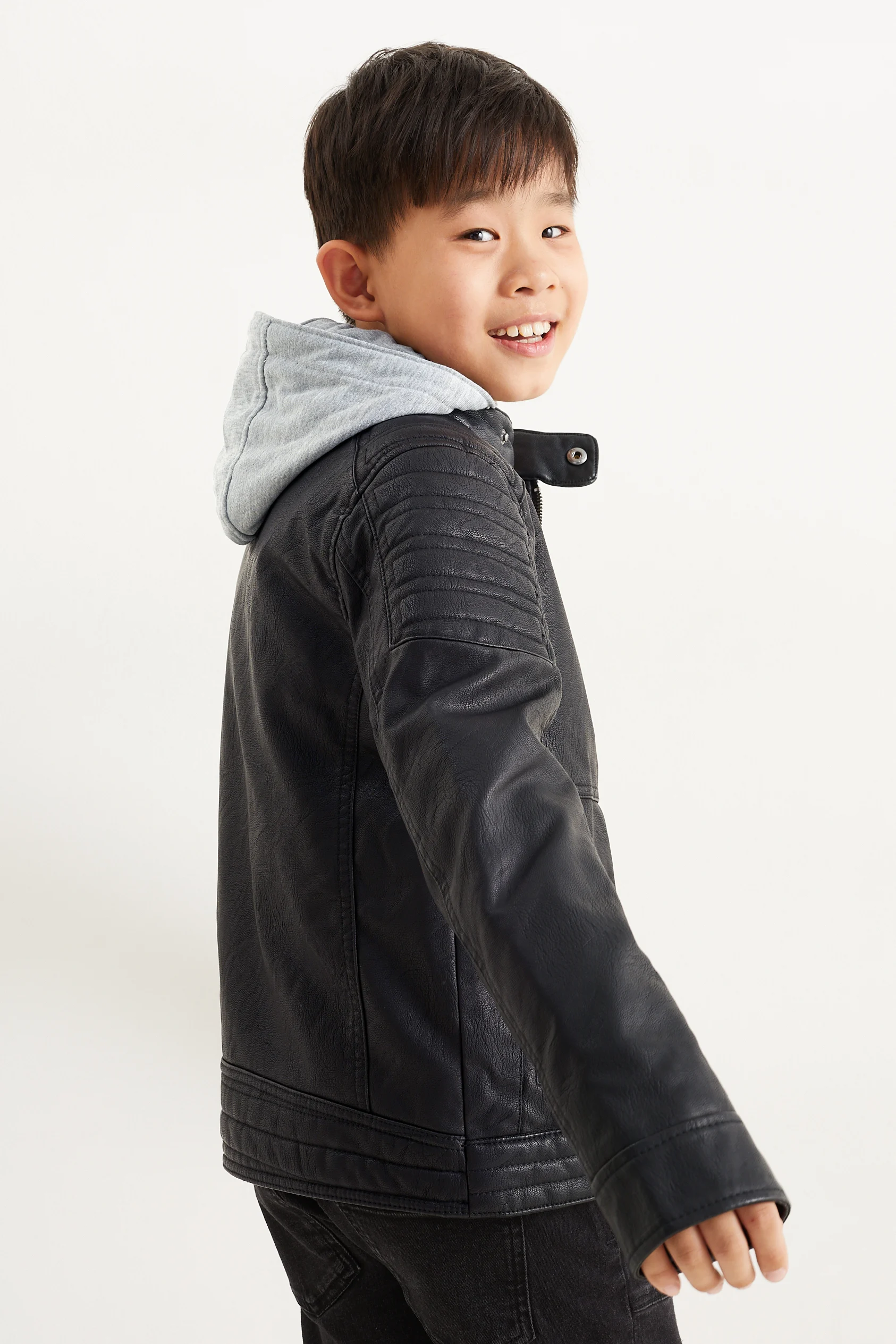 Biker jacket with hood - faux leather