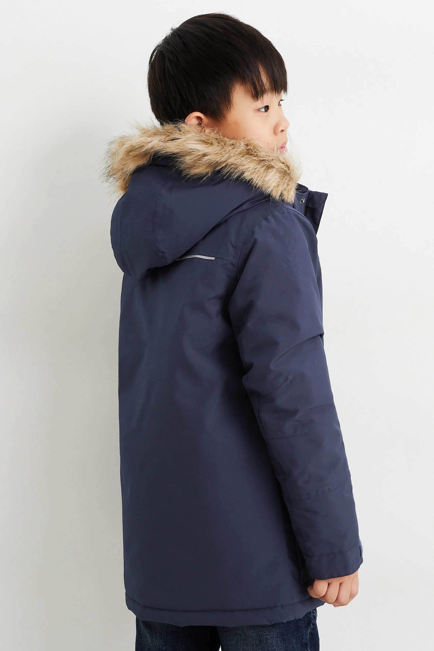 Jacket with hood and faux fur trim